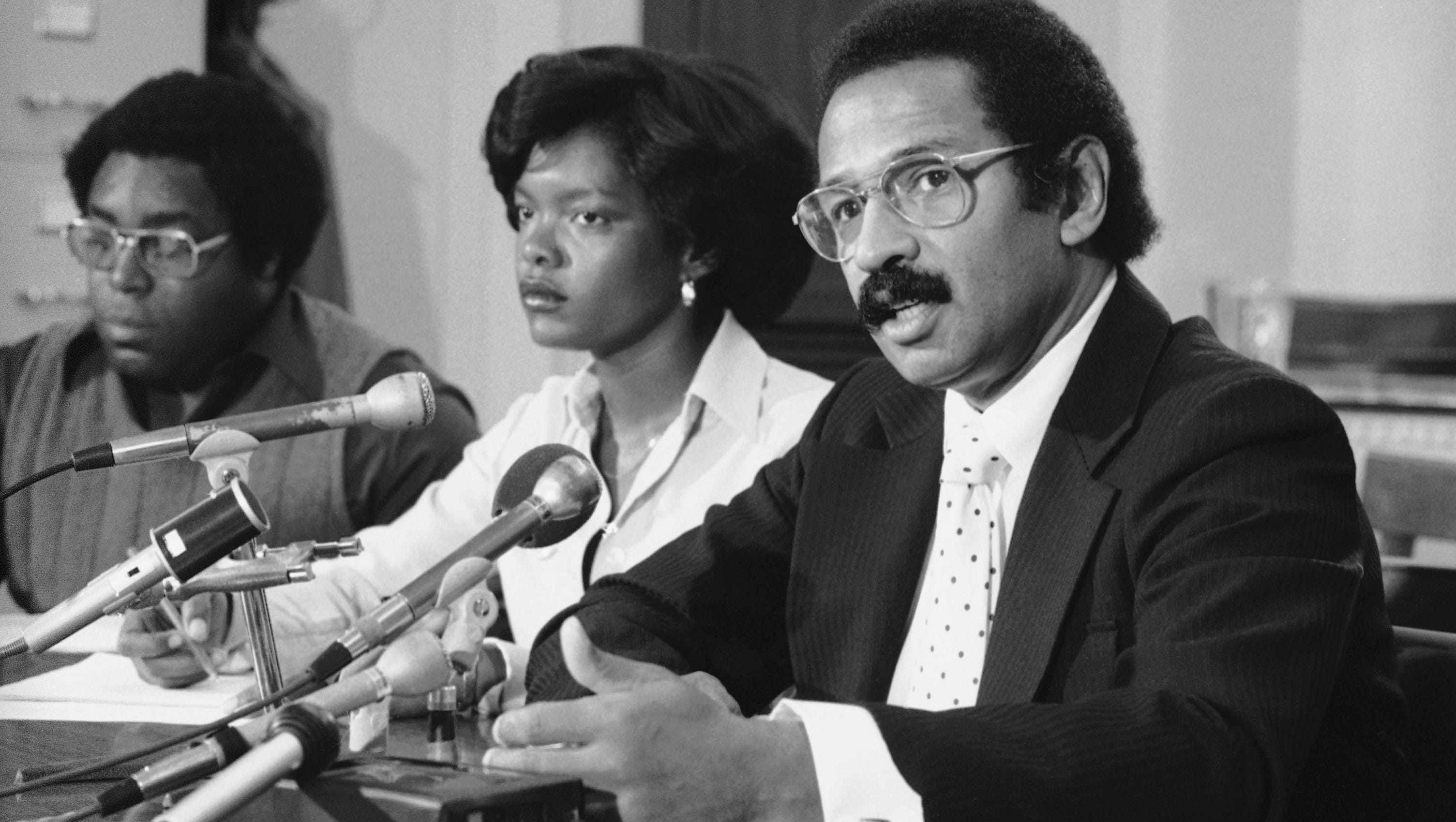 Rep. John Conyers, M-Mich. talks to reporters during a press conference in Washington on Thursday, Oct. 6, 1977.   Conyers called the briefing to announce a national day of protest on the Alan Bakke case. The case, formally Regents of the University of California v. Bakke, ruling in which, on June 28, 1978, the U.S. Supreme Court declared affirmative action constitutional but invalidated the use of racial quotas.