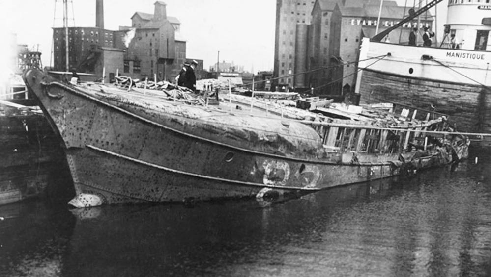 U.S. Coast Guard Lightship 82, stationed in Buffalo, also sank during the storm; all 6 of the crew were lost.  In 1914 the wreck was found 1 7/8 miles from its station, sitting on the bottom of Lake Erie in water 63 feet deep.  Above, the vessel was raised, repaired and returned to service.