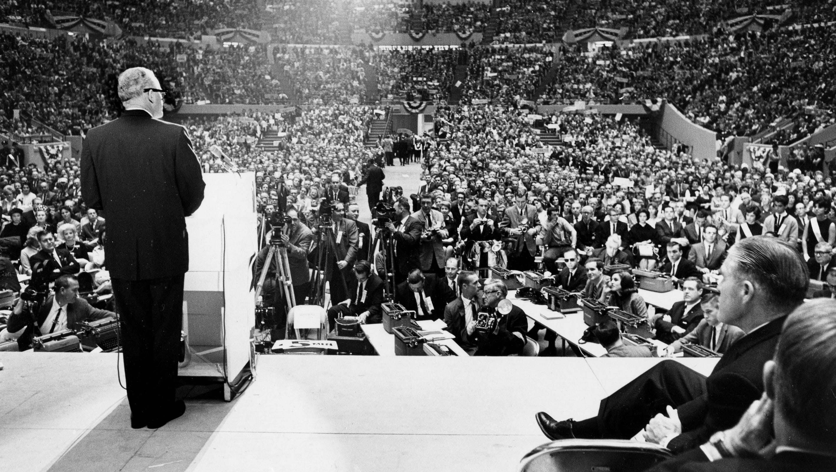 Republican presidential candidate Barry Goldwater speaks at Cobo Arena on Sept. 29, 1964.