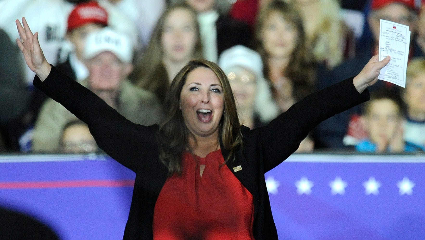 Republican National Committee Chairwoman Ronna McDaniel waves at the crowd before speaking.