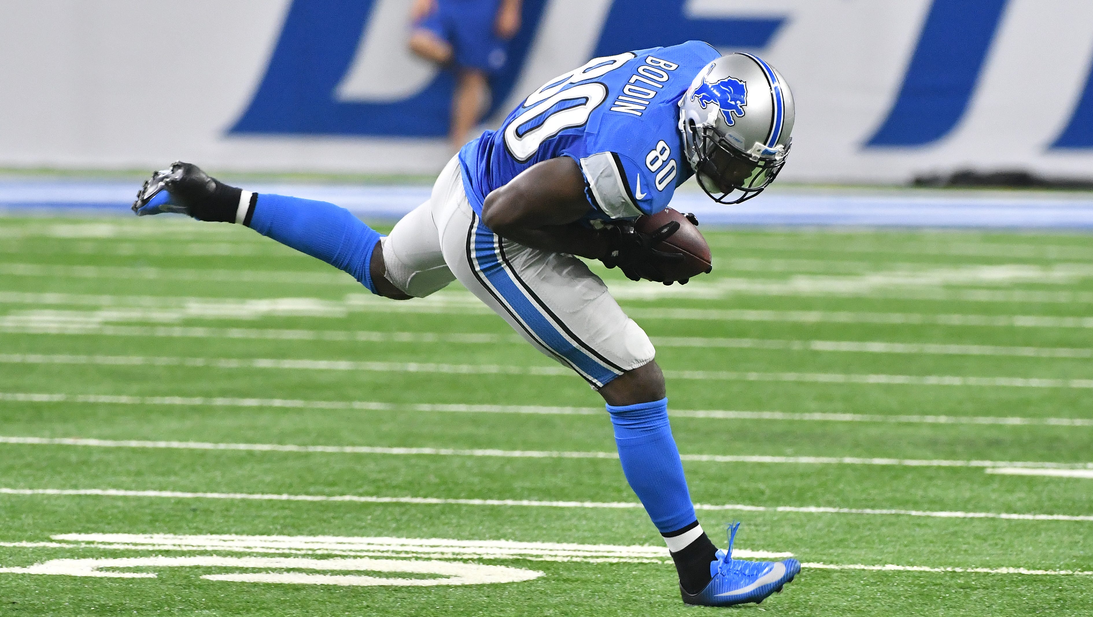 Lions wide receiver Anquan Boldin is able to keep running up field after pulling in a reception on the Lions' winning drive in the fourth quarter.
