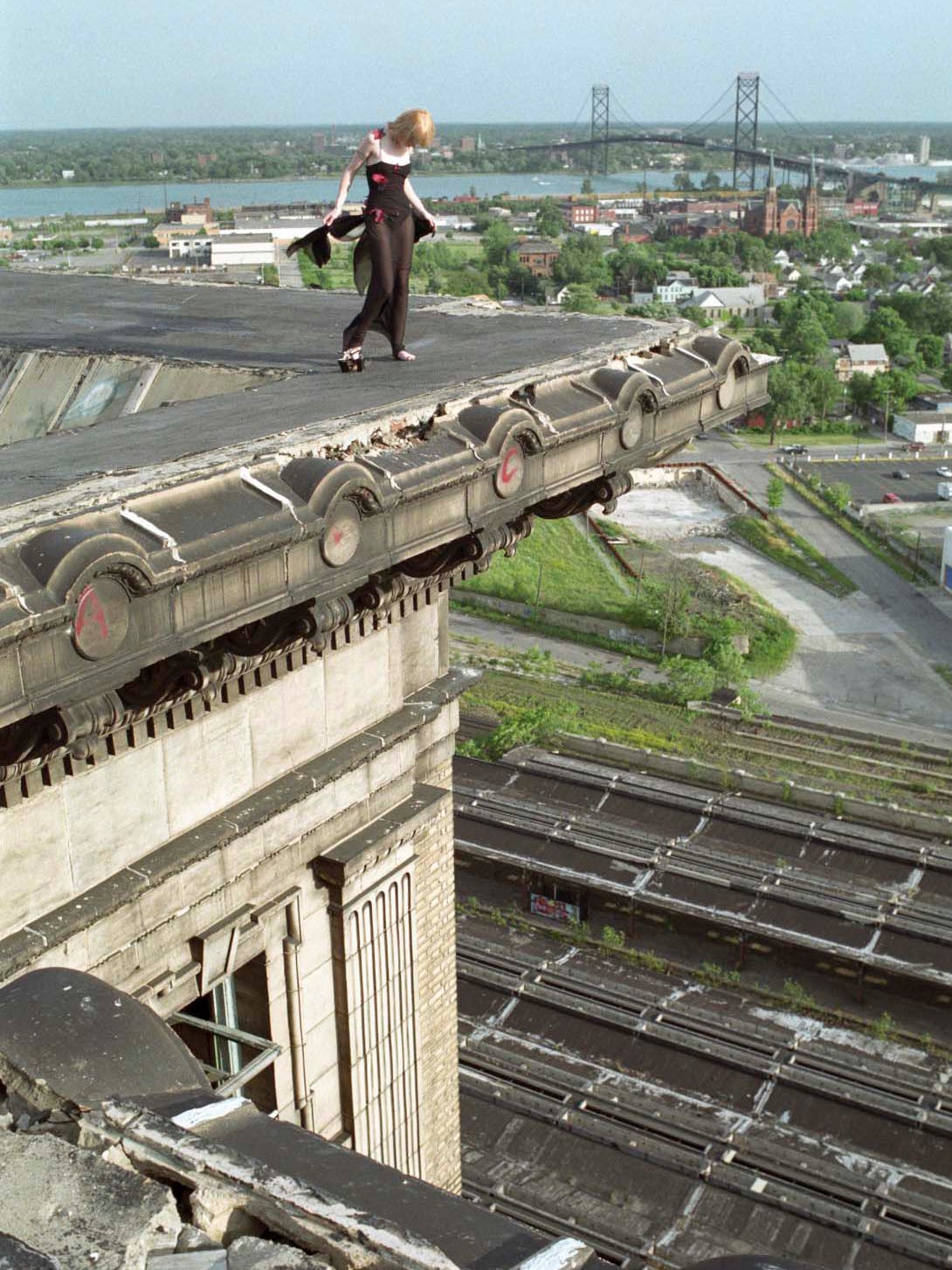 The abandoned train station became a popular location for fashion shoots, like this one on the roof in 1998.