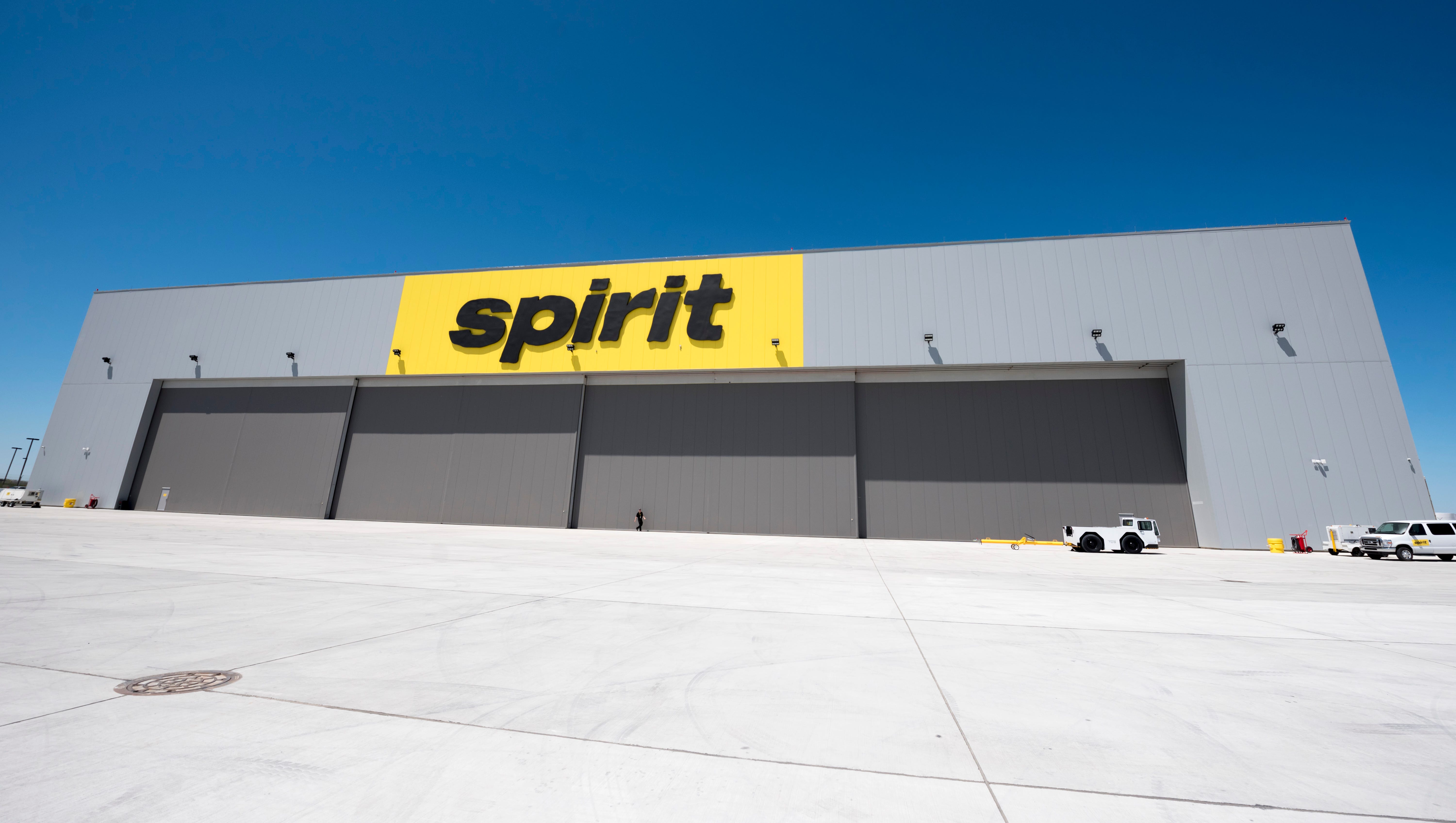 An exterior of the new maintenance hangar for Spirit Airlines, situated next to Detroit Metropolitan Airport in Romulus.
