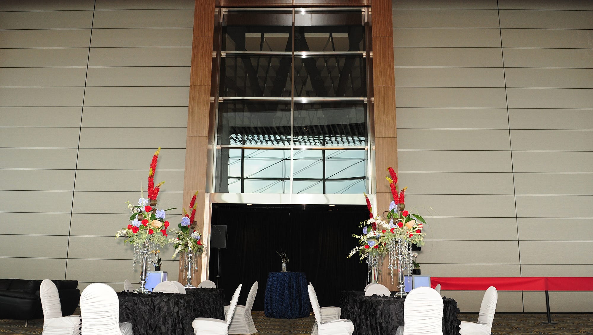 Tables are set up at the entrance to the Grand Ballroom as the Cobo Center unveils it renovations on Sept. 07, 2013.