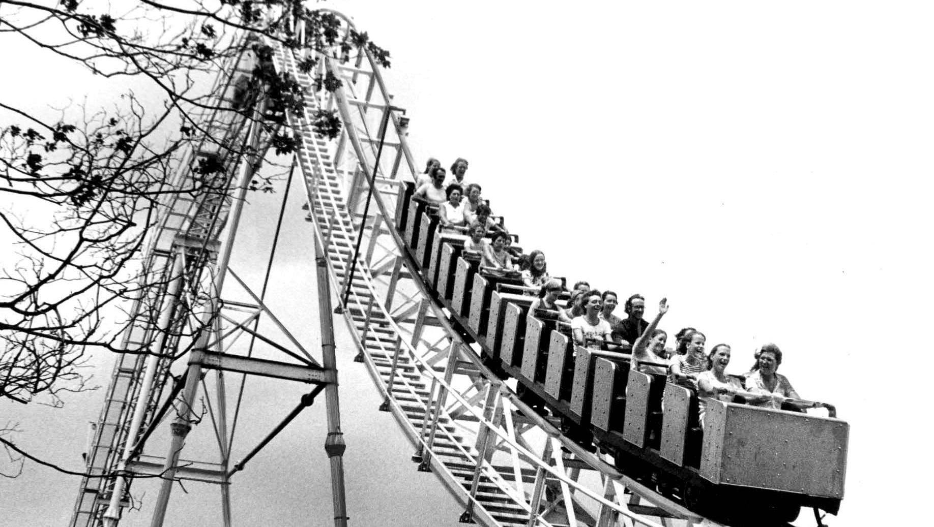 Riders enjoy the Thunder Bolt roller coaster at Boblo Island in July 1975. The coaster was built of steel in 1973.