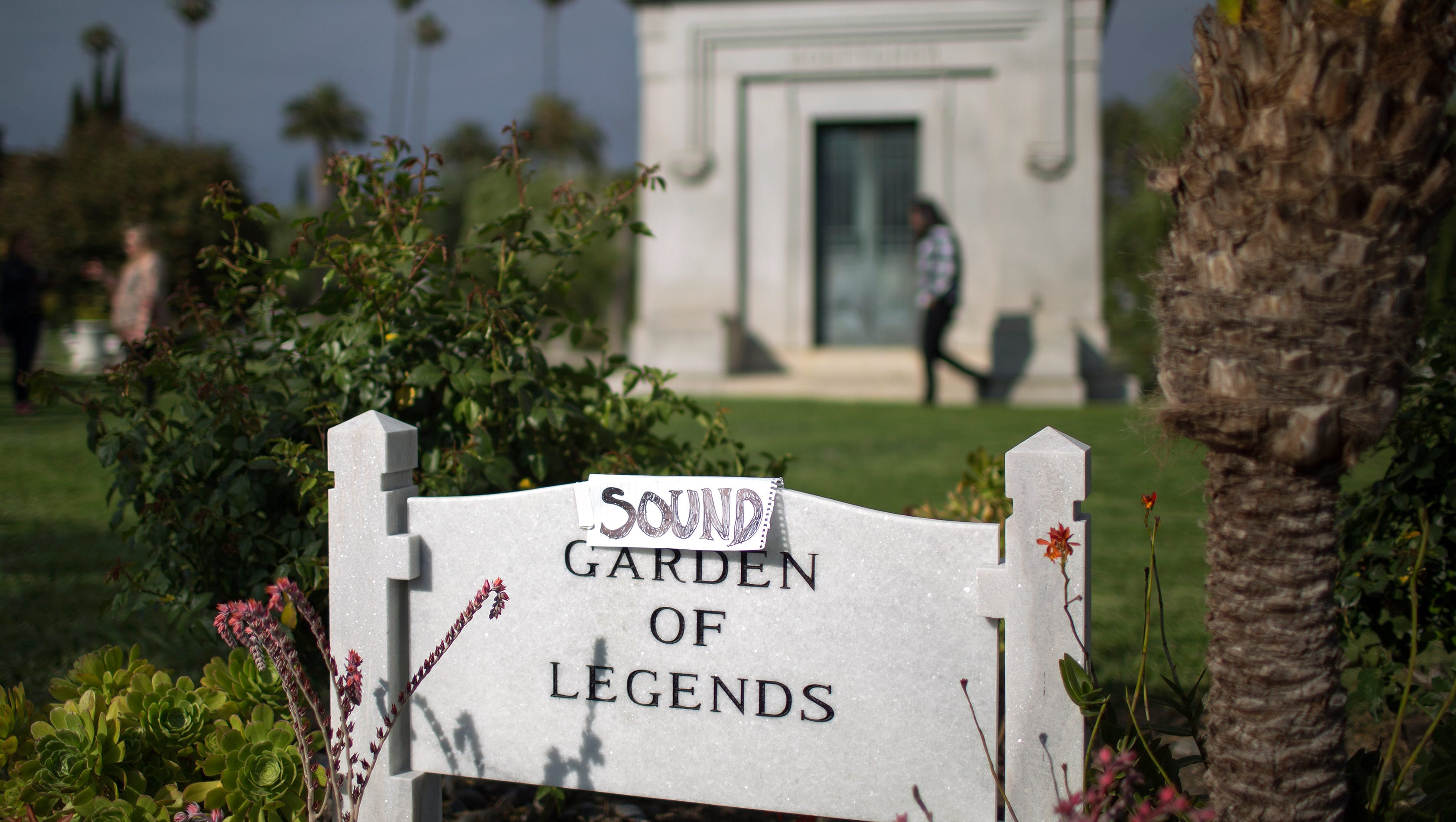 An improvised sign turns the Garden of Legends to the Sound Garden of Legends where Chris Cornell is buried.