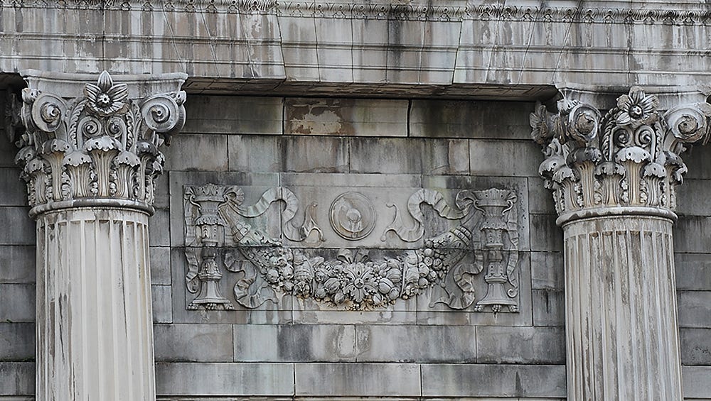 A detail from the train station's ornate exterior, photographed in 2015.