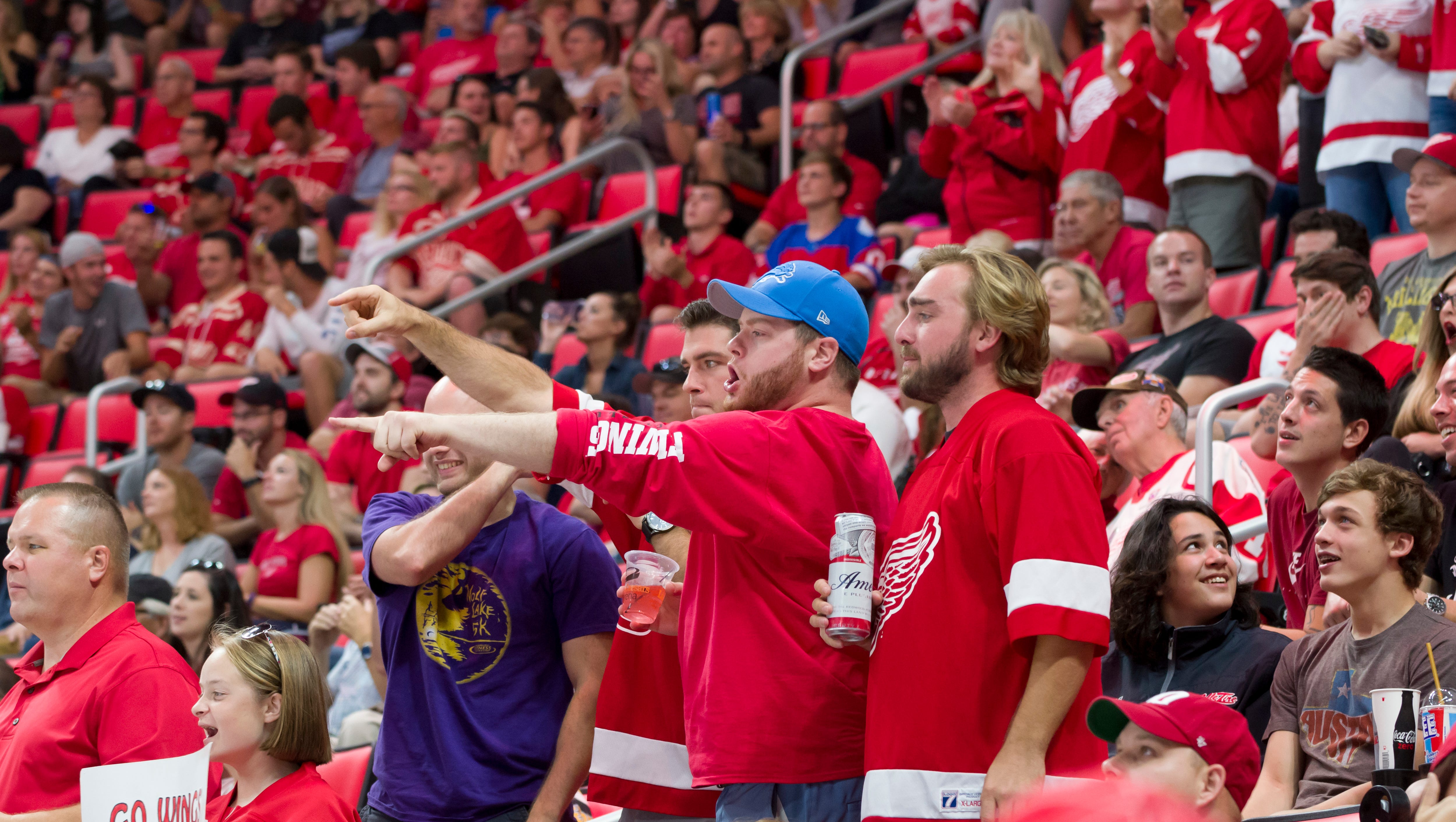 Red Wings fans cheer and point after a goal.
