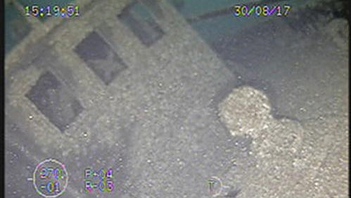 The wreck of the wooden steamer Ohio is seen on underwater video.