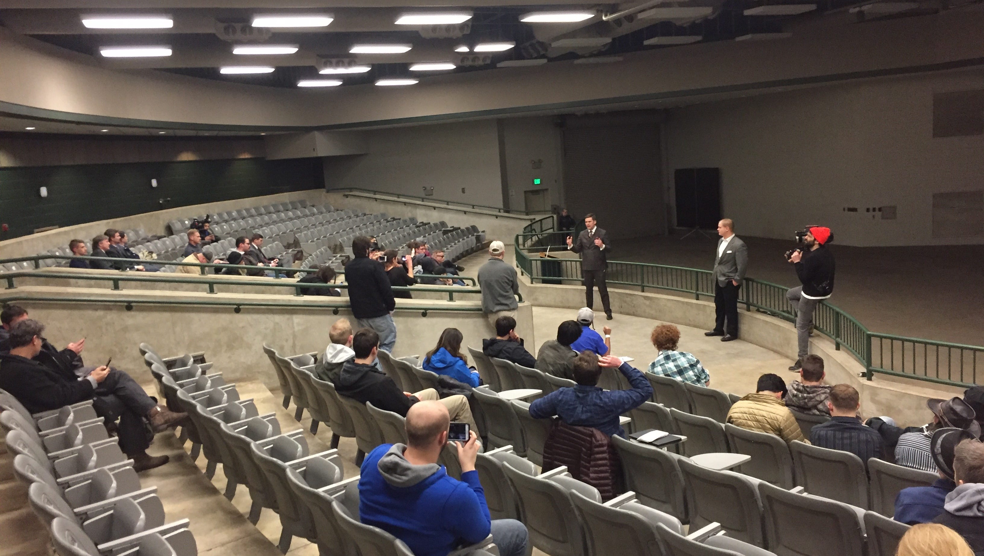 White nationalist Richard Spencer speaks inside the mostly empty Pavilion for Agriculture and Livestock Education at Michigan State University on Monday, March 5, 2018.