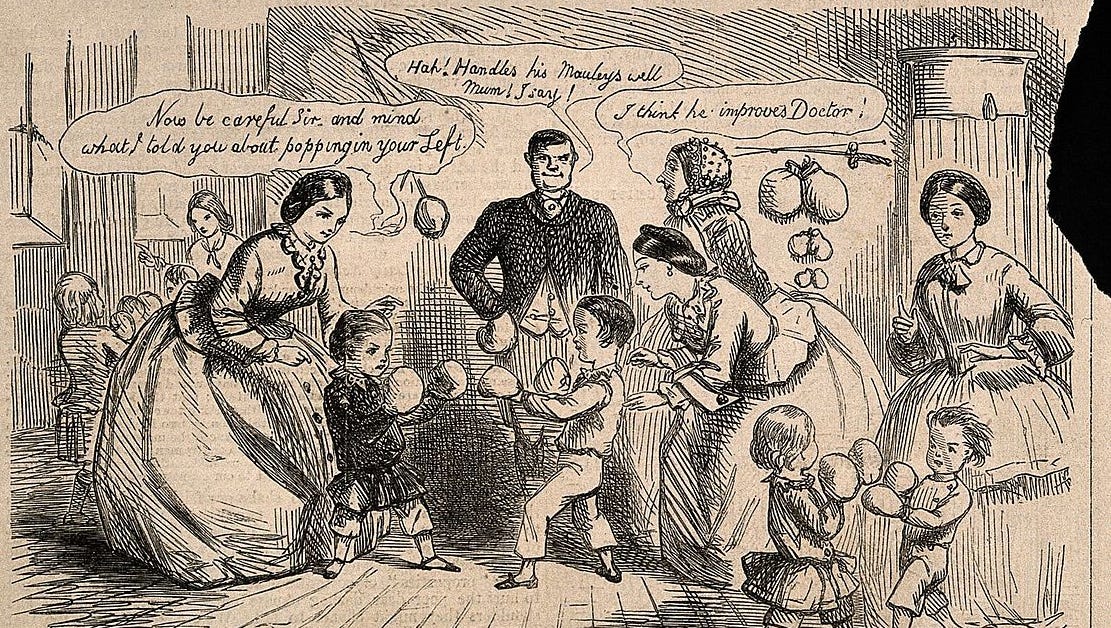Children are encouraged by their teachers to box as a positive and healthy recreation in this 1858 illustration in Punch magazine.