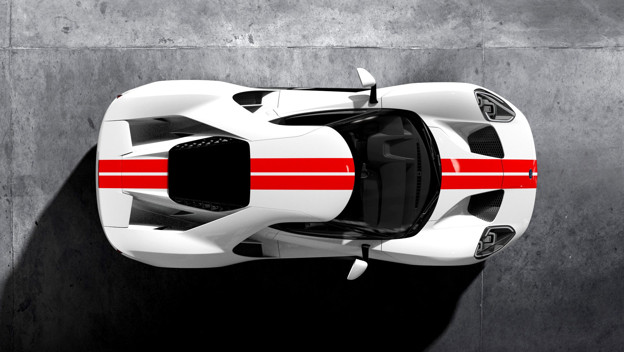 The car will be powered by a 3.5-liter V-6 EcoBoost engine that produces more than 600 horseppower. Above: A GT in Frozen White, with a Race Red stripe.