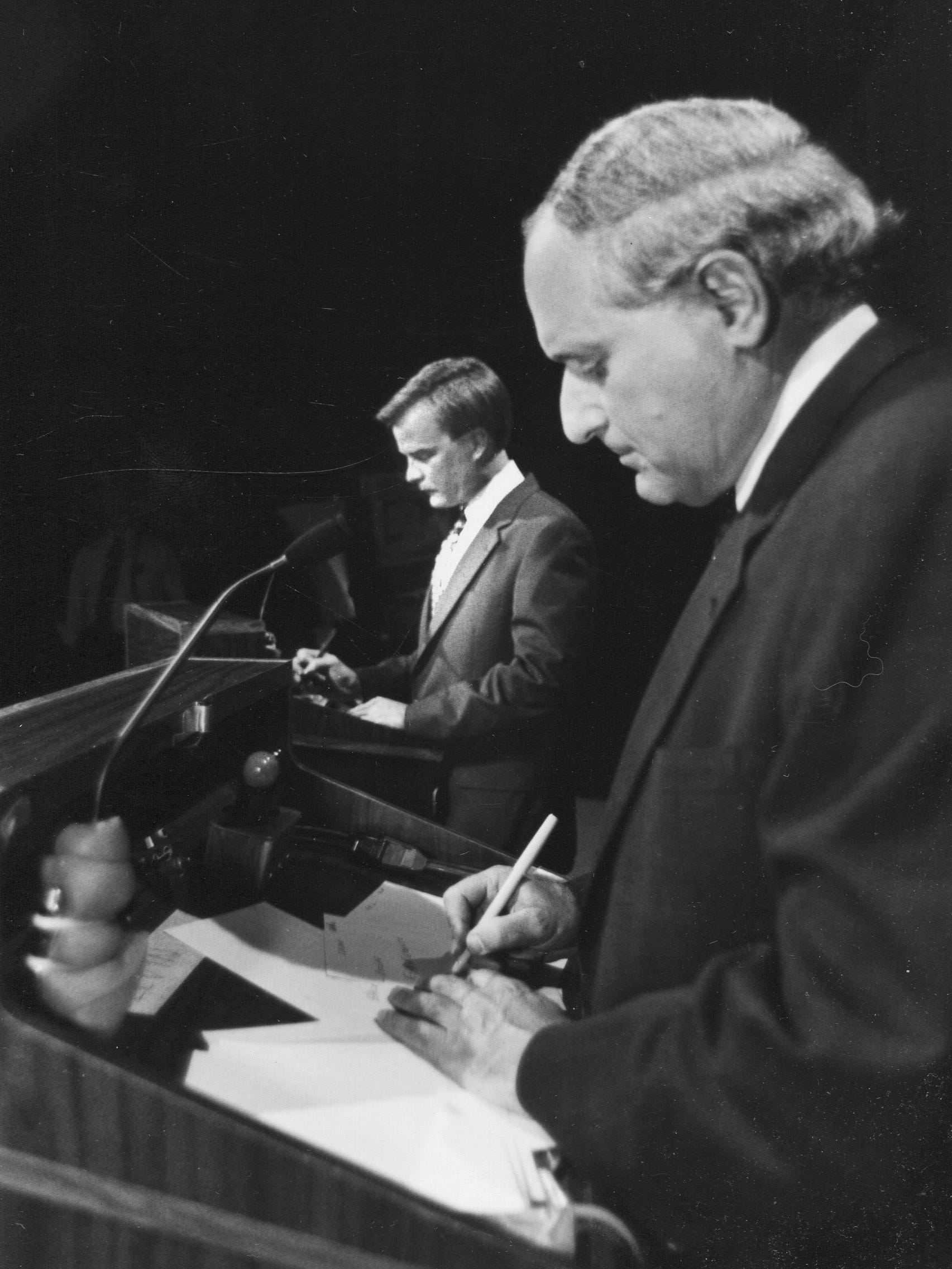 Sen. Carl Levin debates GOP challenger U.S. Rep. Bill Schuette in 1990, the last year he faced a significant election challenge.