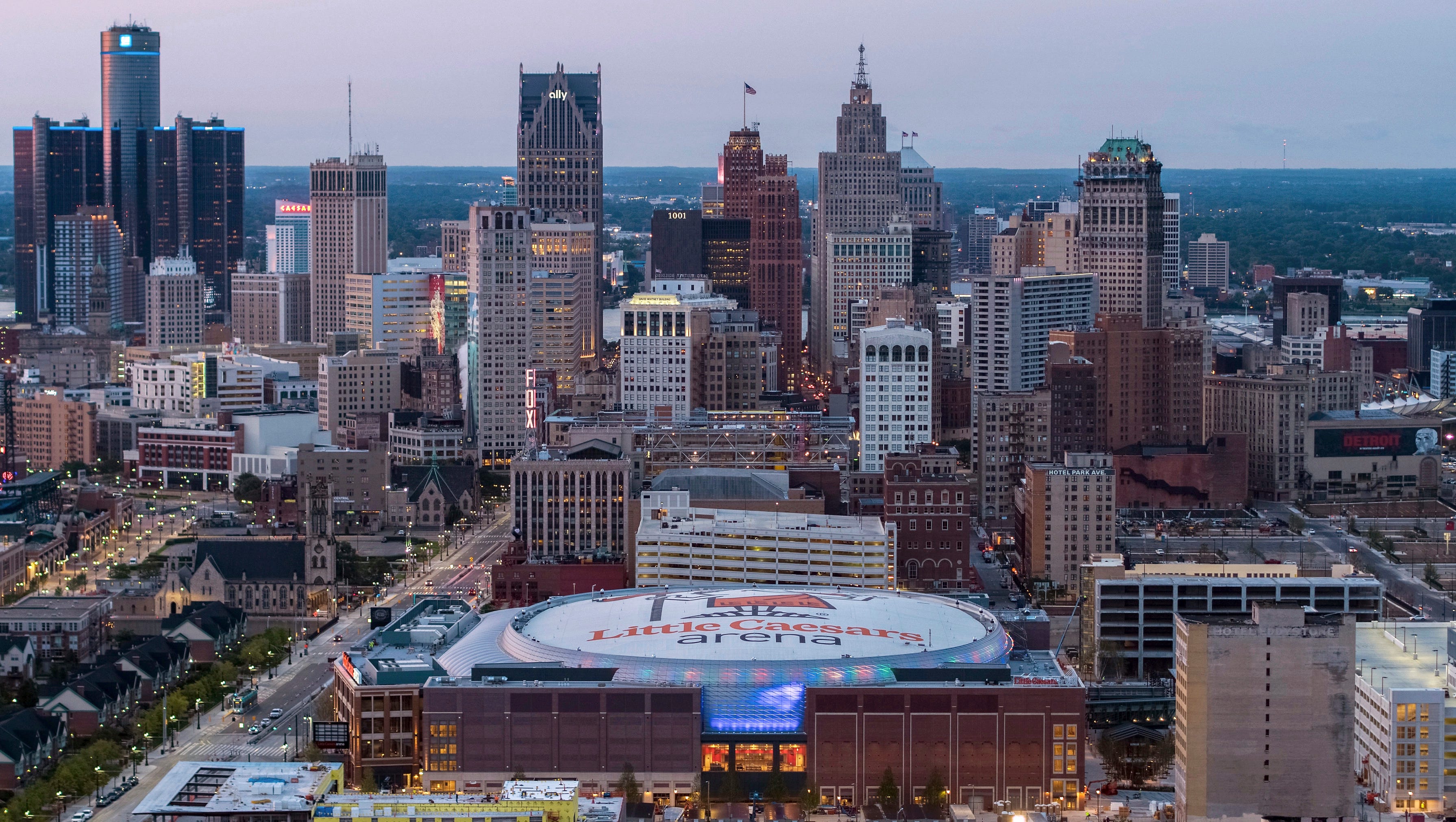 Little Caesars Arena, foreground, stands in Detroit, north of downtown. The home of the Detroit Red Wings and Pistons is the gem of a $1.2 billion, 55-block development dubbed The District Detroit.