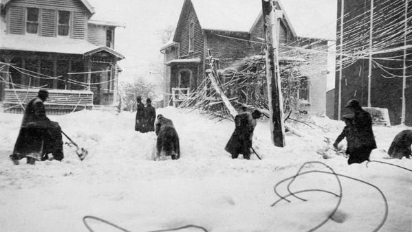 People in Cleveland dig out after the 1913  storm. They were without power for days. The loss of life and damage from the severe storm helped lead to improvements in ship construction, communication and weather forecasts.