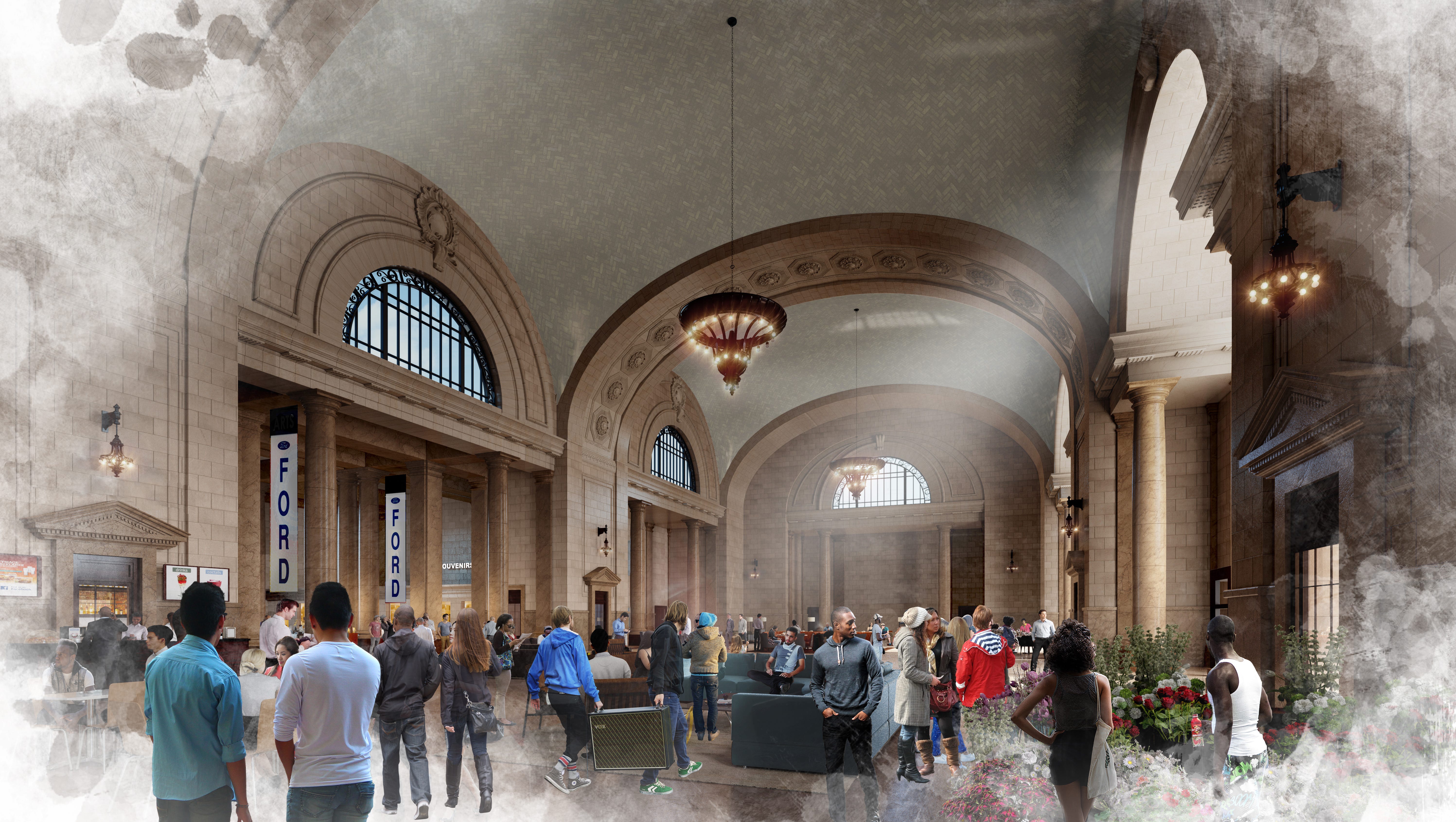 A rendering imagines the ground floor of the old Michigan Central Depot as a public space with retail, restaurants and gathering spaces.