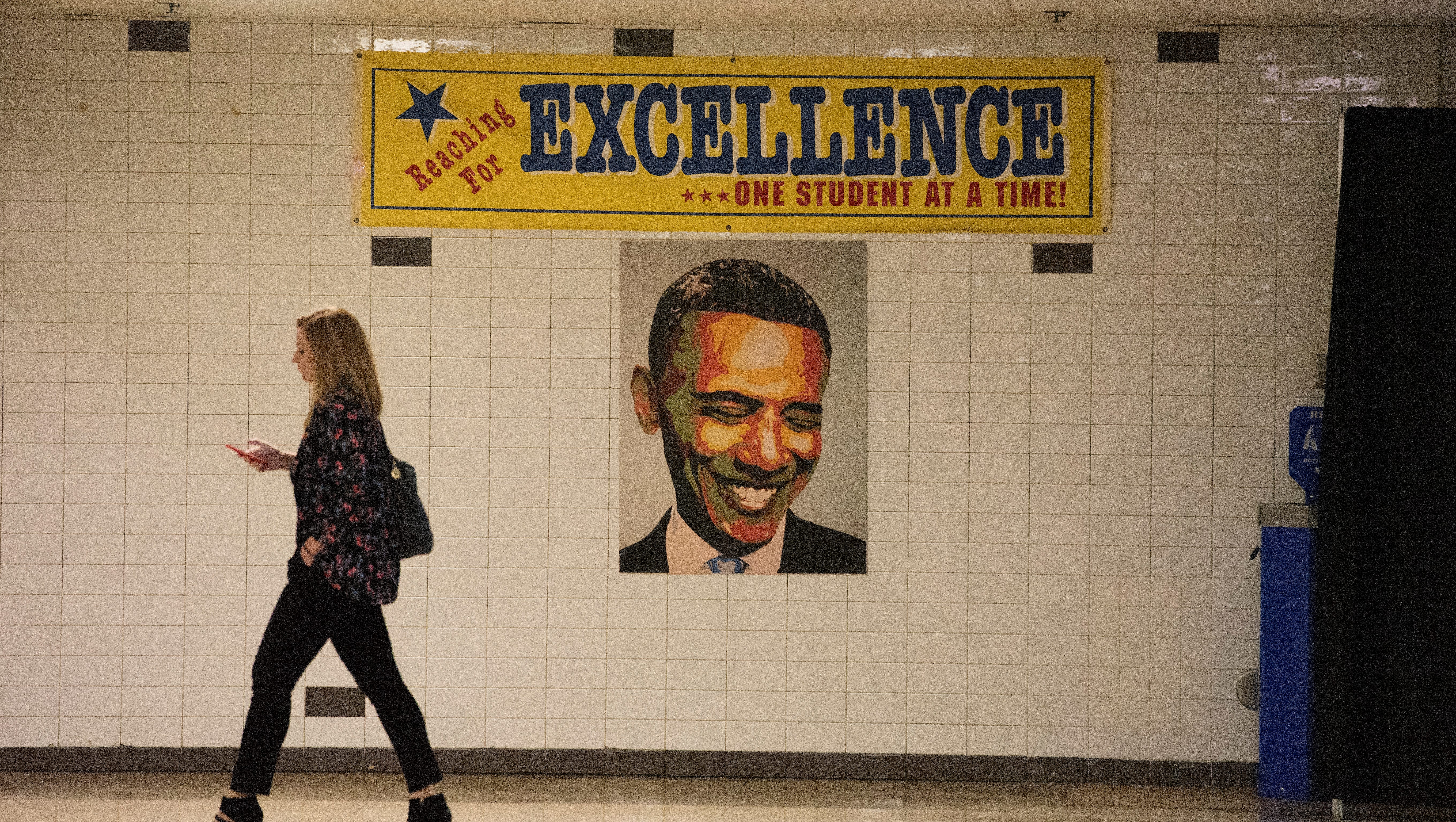 A poster of President Obama in a hallway at Flint's Northwestern High School.