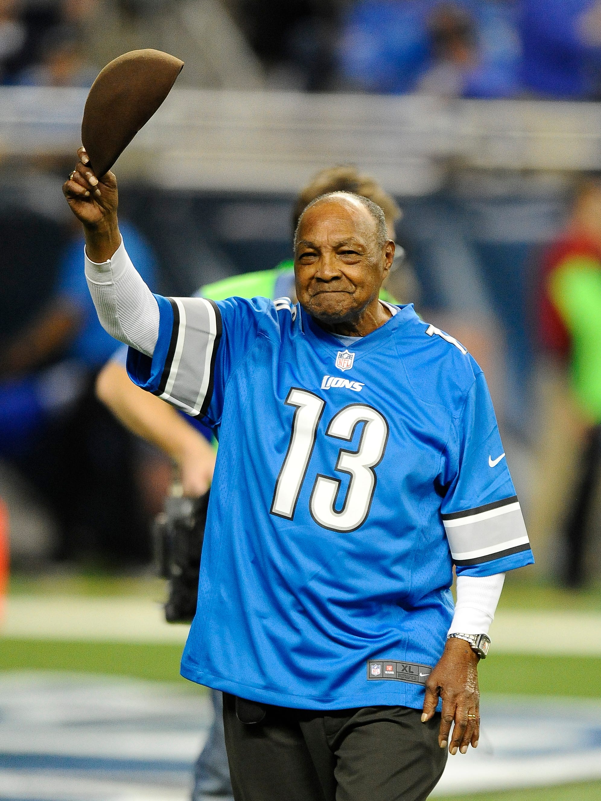 Wally Triplett is introduced during a break in the action of a game against the Baltimore Ravens on Dec.16, 2013.