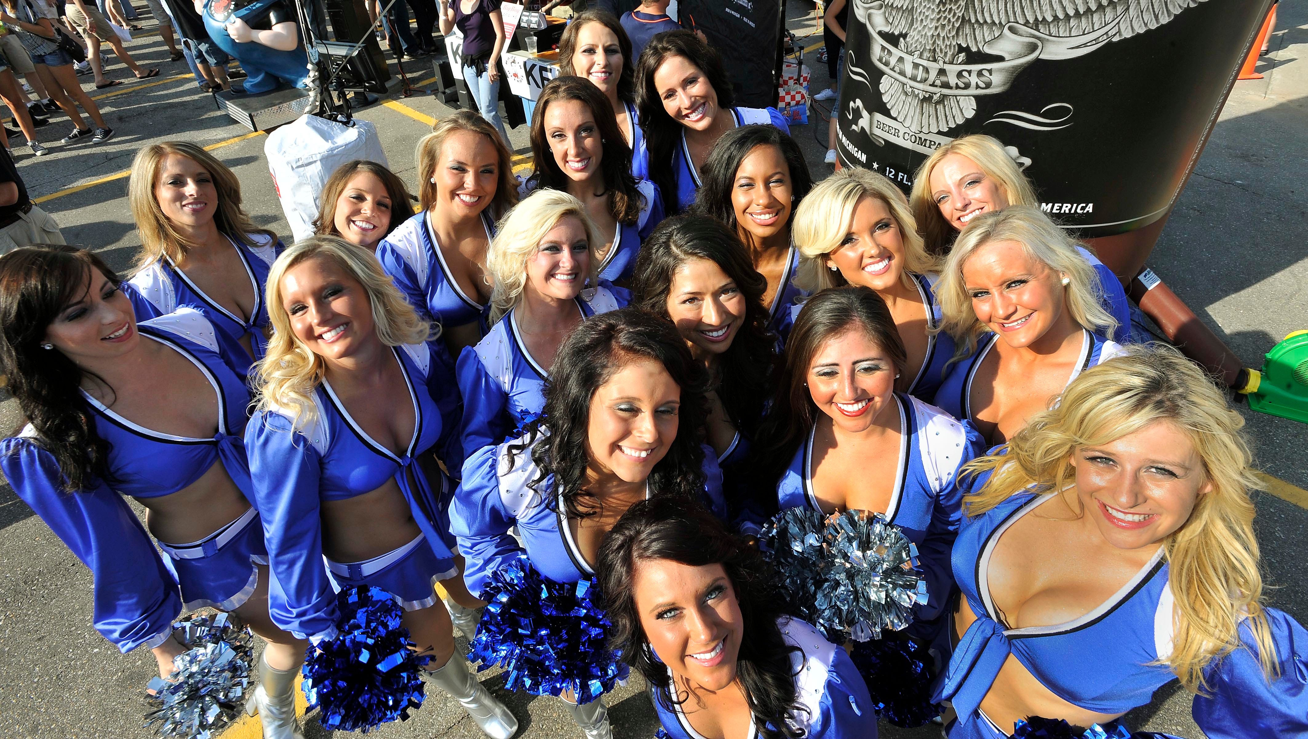 The Detroit Pride cheerleaders gather for photos outside Ford Field in 2011.
