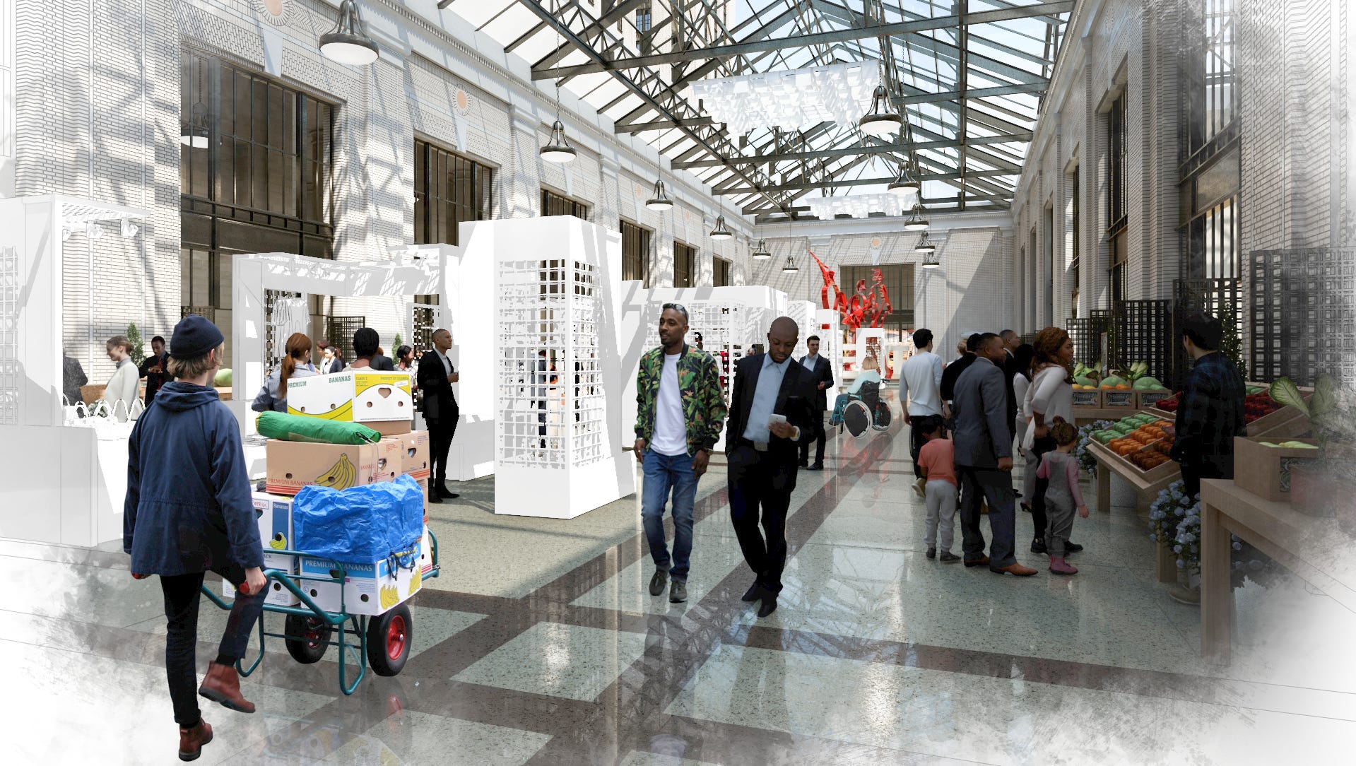 An artist's rendering shows a market for fresh produce in the atrium space.