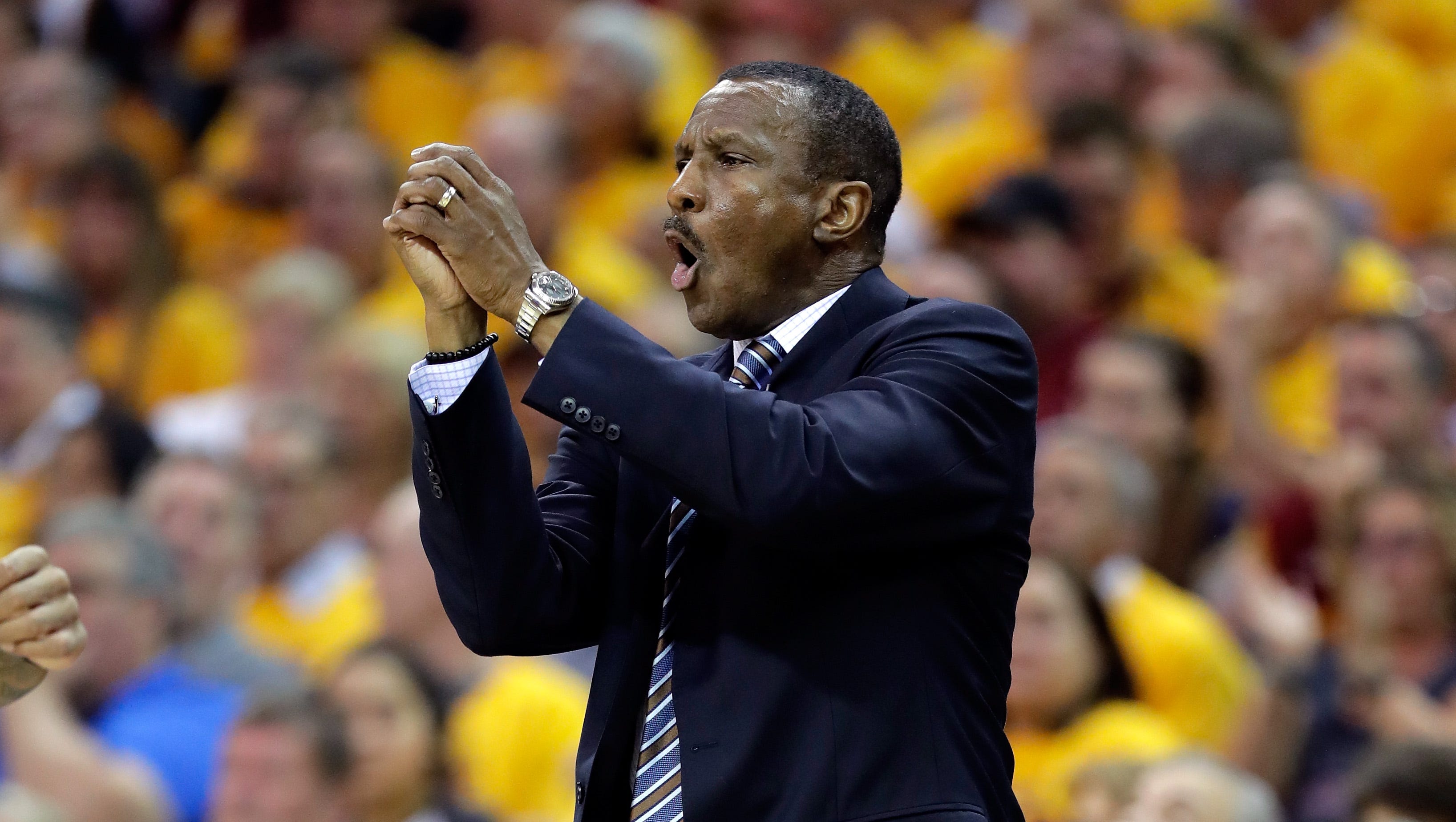 Dwane Casey of the Toronto Raptors gestures from the sideline in the first quarter against the Cleveland Cavaliers in game five of the Eastern Conference Finals during the 2016 NBA Playoffs at Quicken Loans Arena on May 25, 2016 in Cleveland, Ohio.