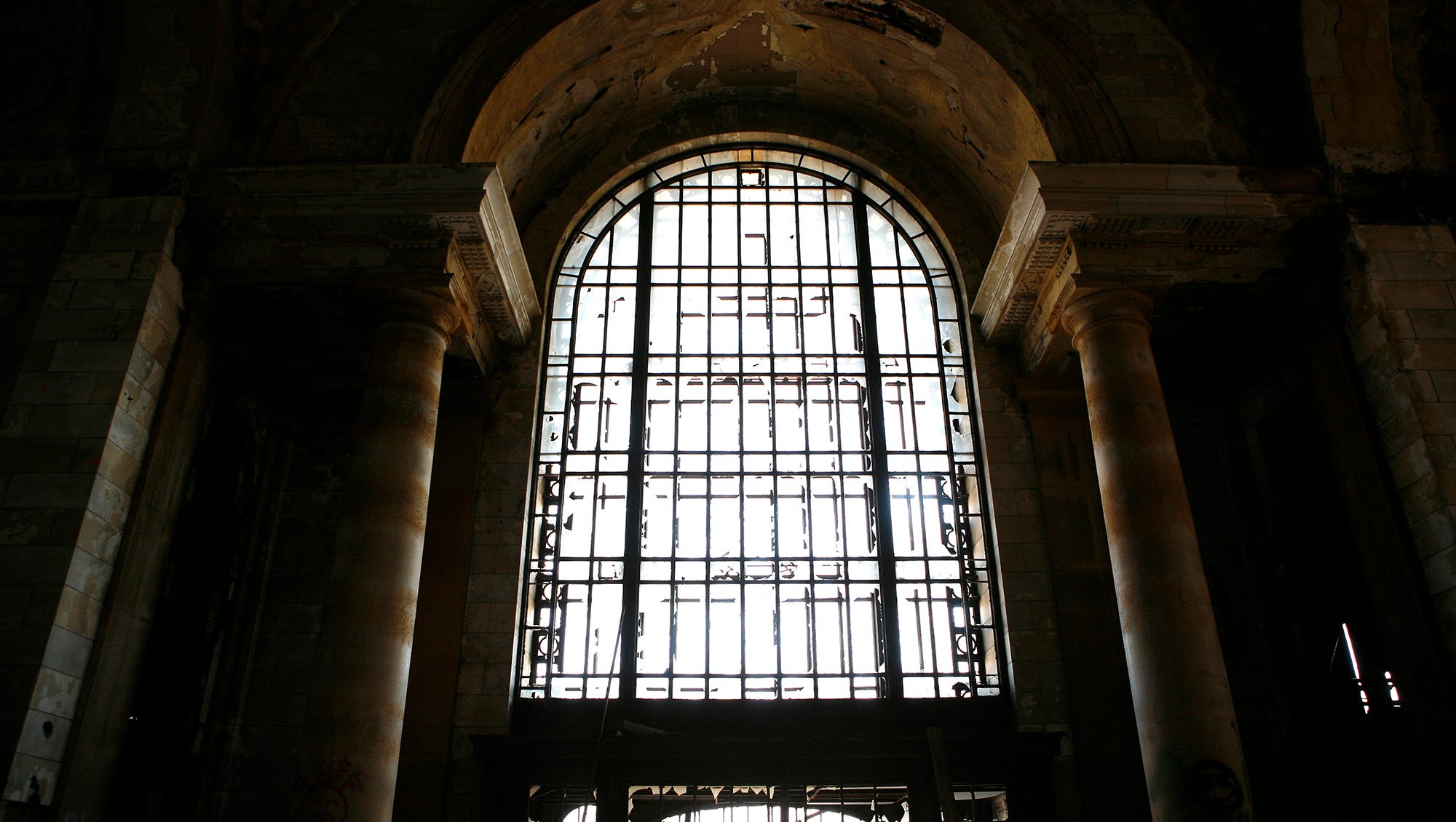 The Michigan Central Depot two-story entrance is seen from inside the depot on April 6, 2008.