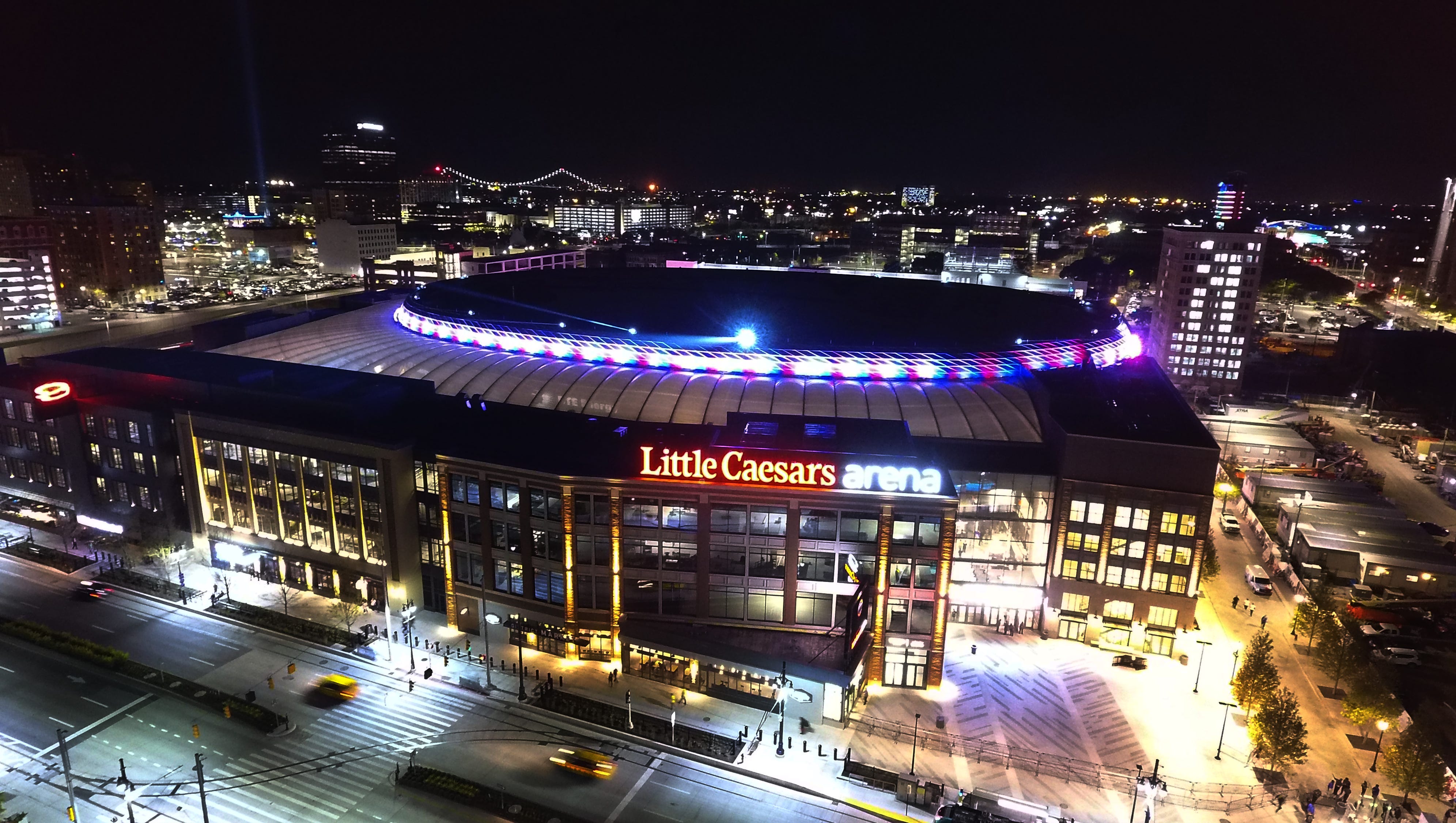 Little Caesars Arena is all lit up for its opening night, a Kid Rock concert on Tuesday, September 12, 2017.
