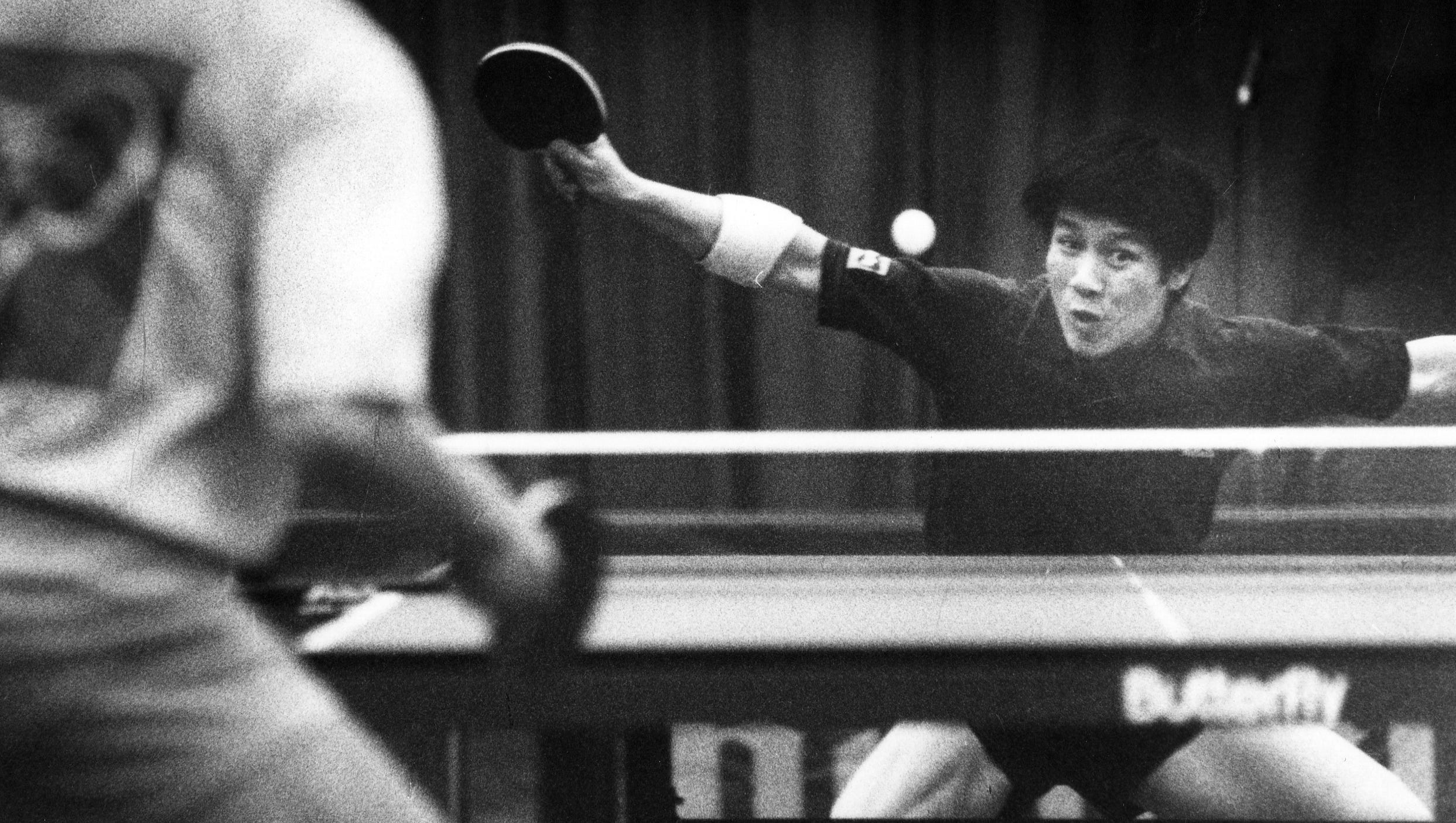 Jack Huang competes in a ping pong championship at Cobo on Nov. 29, 1992.