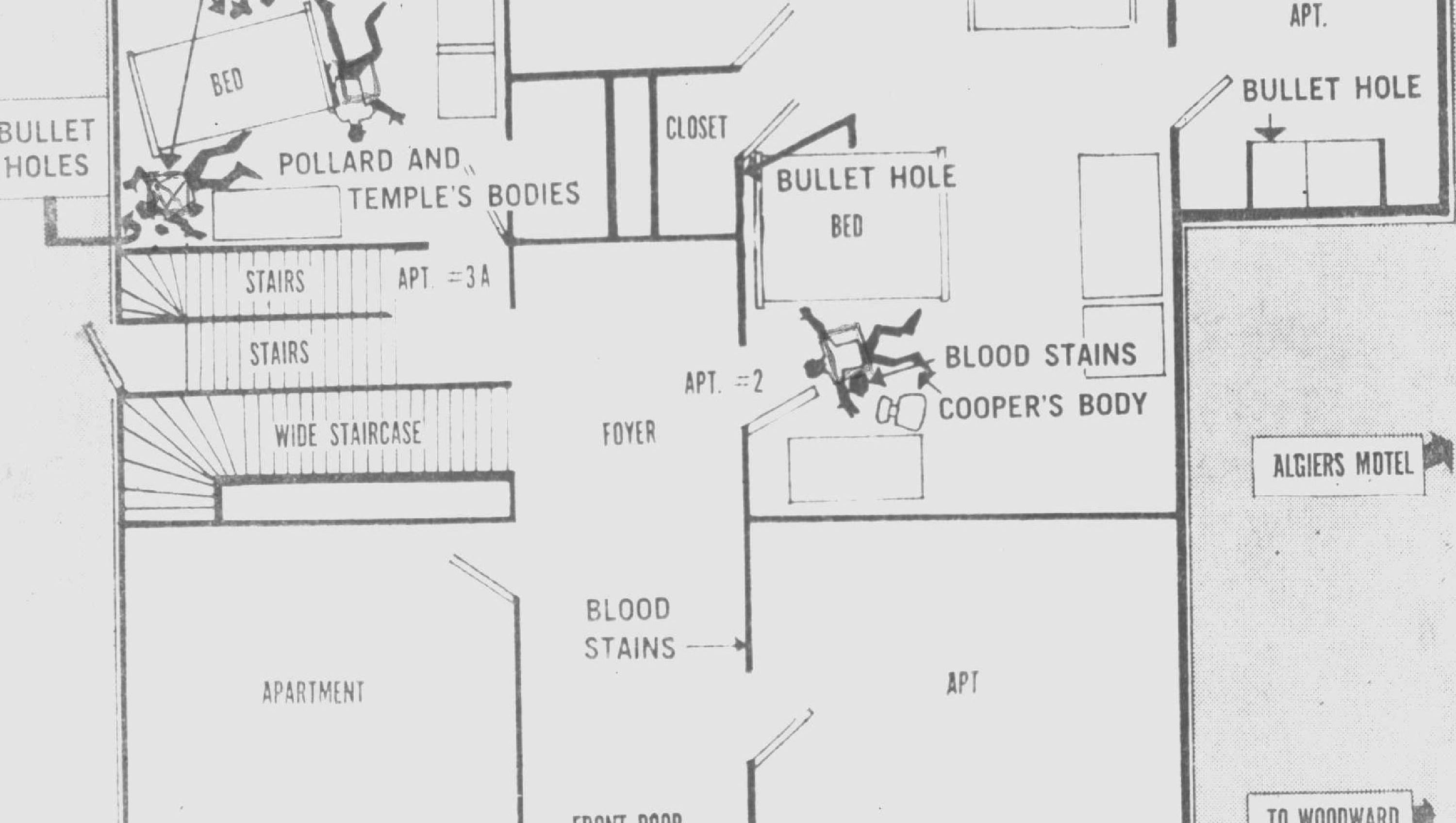 A diagram shows the position of the bodies found in the Algiers Motel annex, located behind the motel.