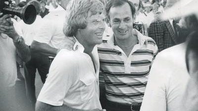 Ben Crenshaw, left, with 1979 PGA Championship winner David Graham at Oakland Hills.