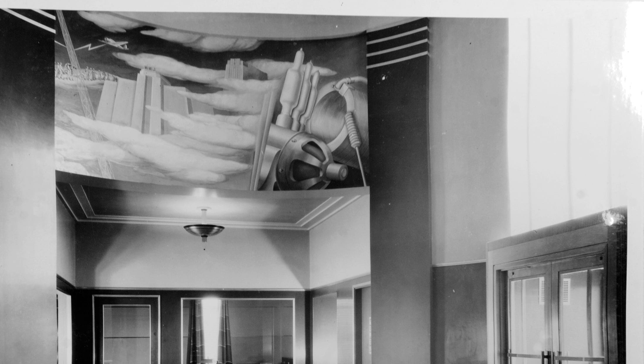 A mural depicting a fanciful scene in the sky adorned the lobby of the transmitter building.