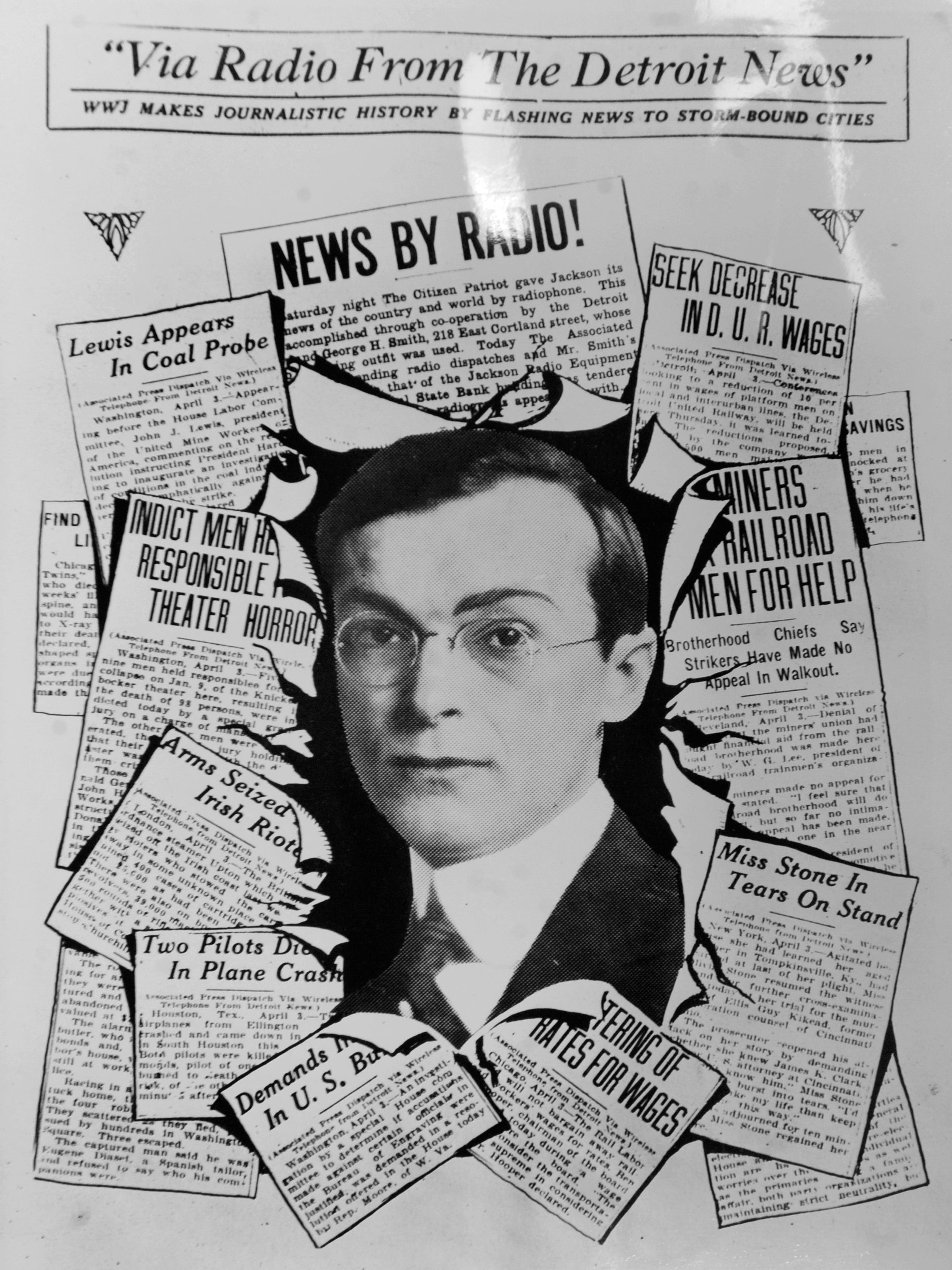 When telephone and telegraph lines were down during a sleet storm in March, 1922, WWJ supplied over-the-air news bulletins to newspapers. "WWJ makes journalistic history by flashing news to storm-bound cities," The Detroit News trumpeted. At center is David Wilkie, the Detroit correspondent of the Associated Press, who wrote the news bulletins.