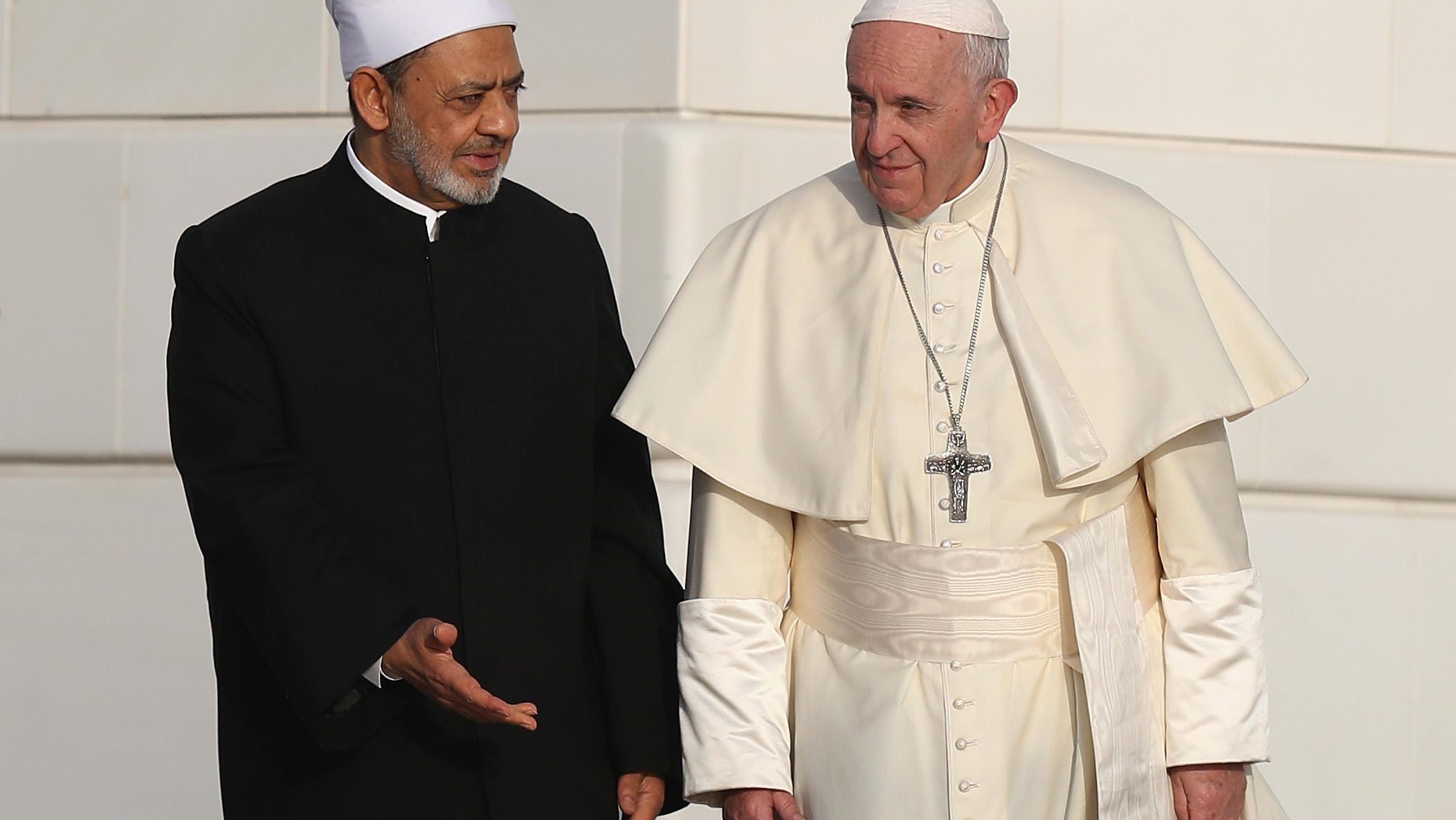 Dr. Ahmad el-Tayeb, Grand Imam of Al Azhar Al Sharif, and Pope Francis visit Sheikh Zayed Mosque on February 4, 2019 in Abu Dhabi, United Arab Emirates.