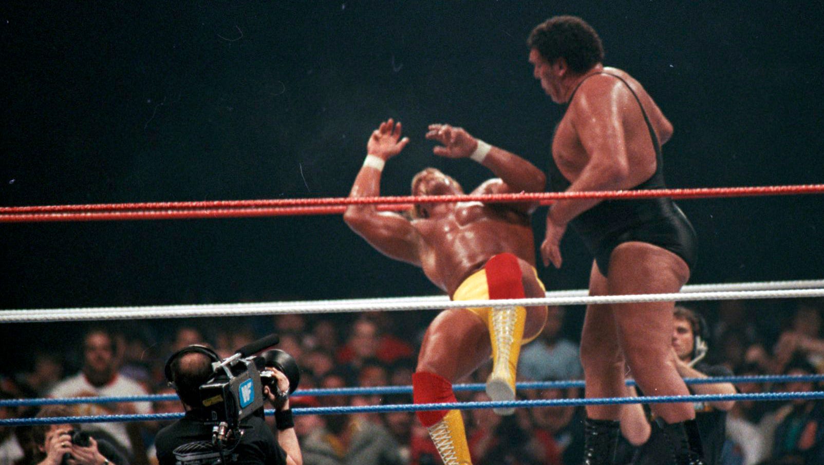 Andre the Giant gets the best of Hulk Hogan early in their match, which lasted more than 12 minutes.
