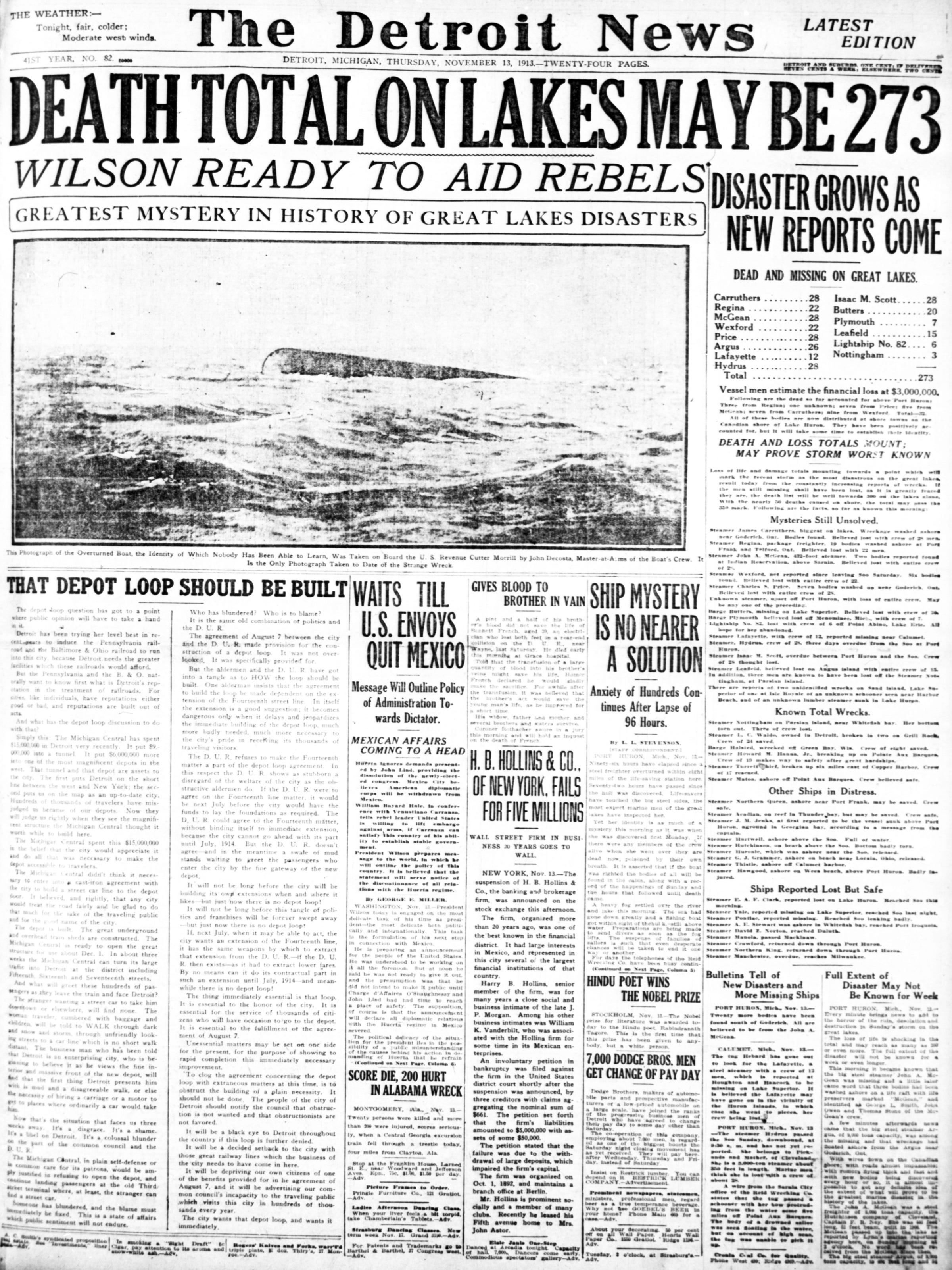 The front page of The Detroit News on Nov. 13, 1913, featured the only photo taken at that time of a ship wrecked by the Great Lakes storm. The vessel was later identified as the ore carrier Charles S. Price.