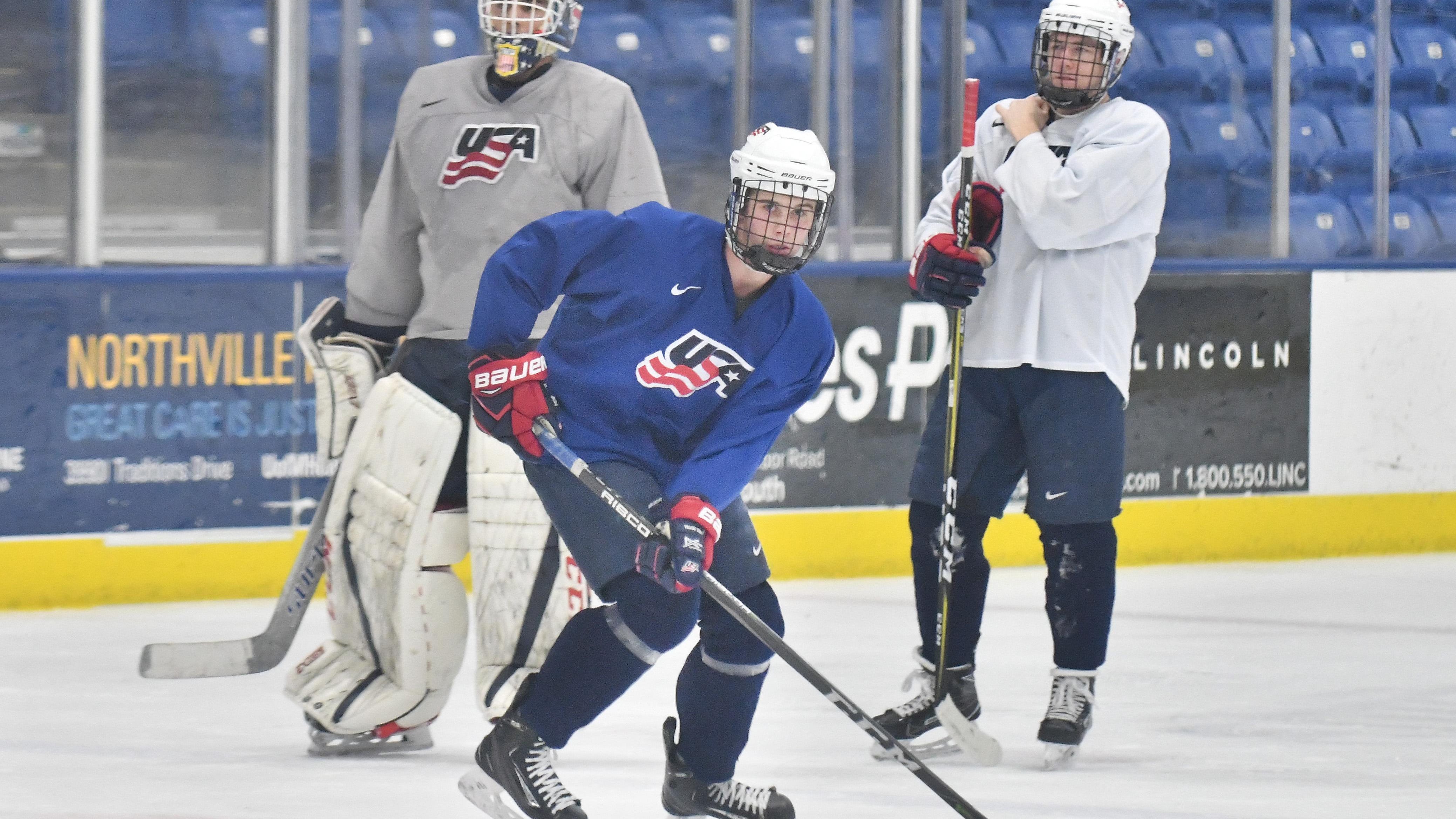 Jack Hughes, 16, plays in the United States National Team Development Program in Plymouth.