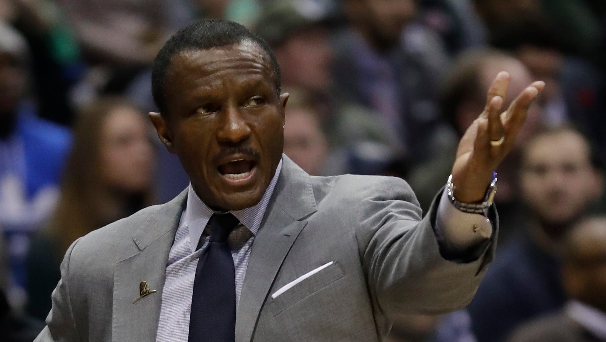 Toronto Raptors head coach Dwane Casey reacts during the first half of an NBA basketball game against the Milwaukee Bucks Friday, Jan. 5, 2018, in Milwaukee.