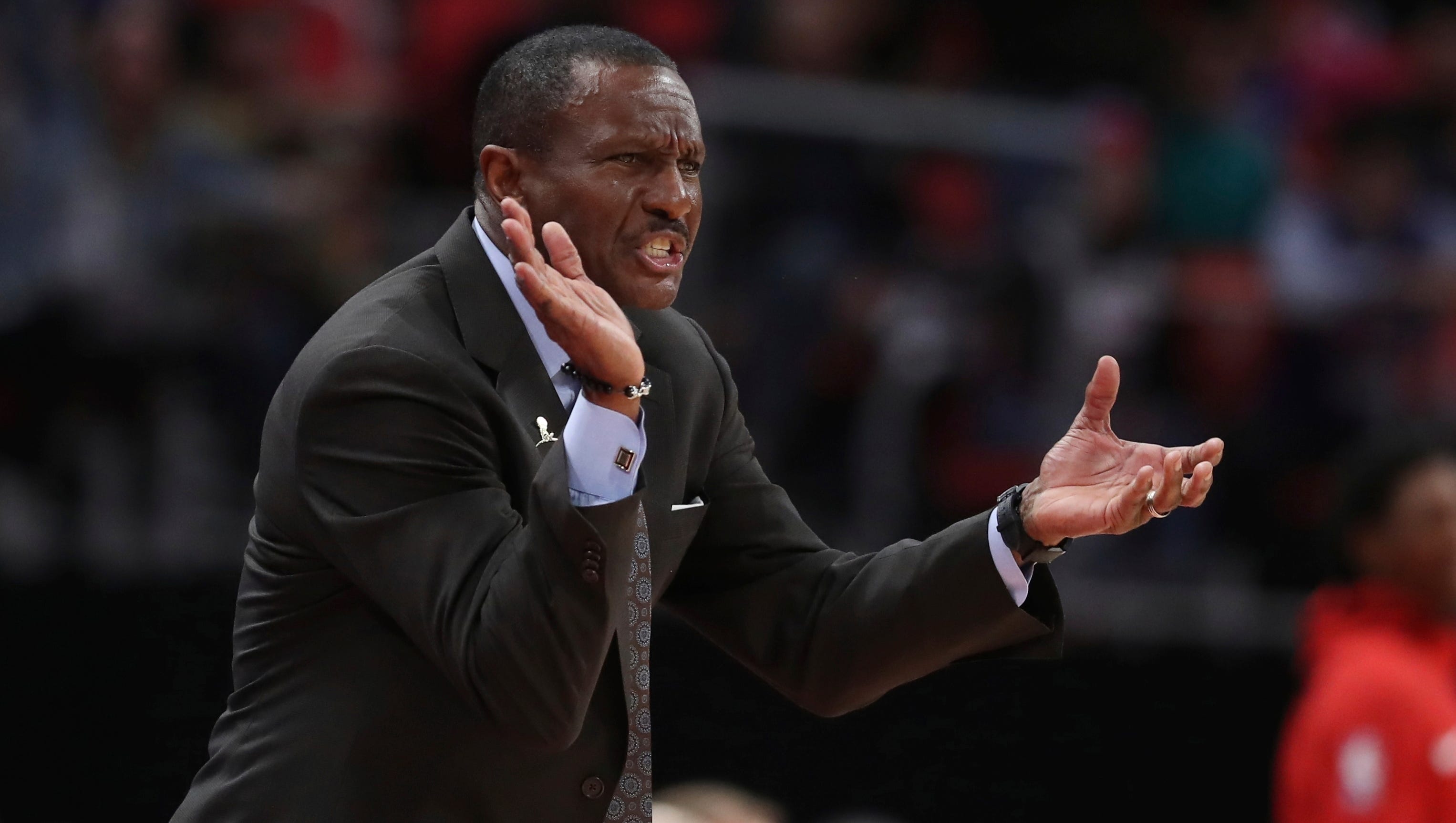Toronto Raptors head coach Dwane Casey reacts on the sidelines during the second half of an NBA basketball game against the Detroit Pistons, Monday, April 9, 2018, in Detroit.