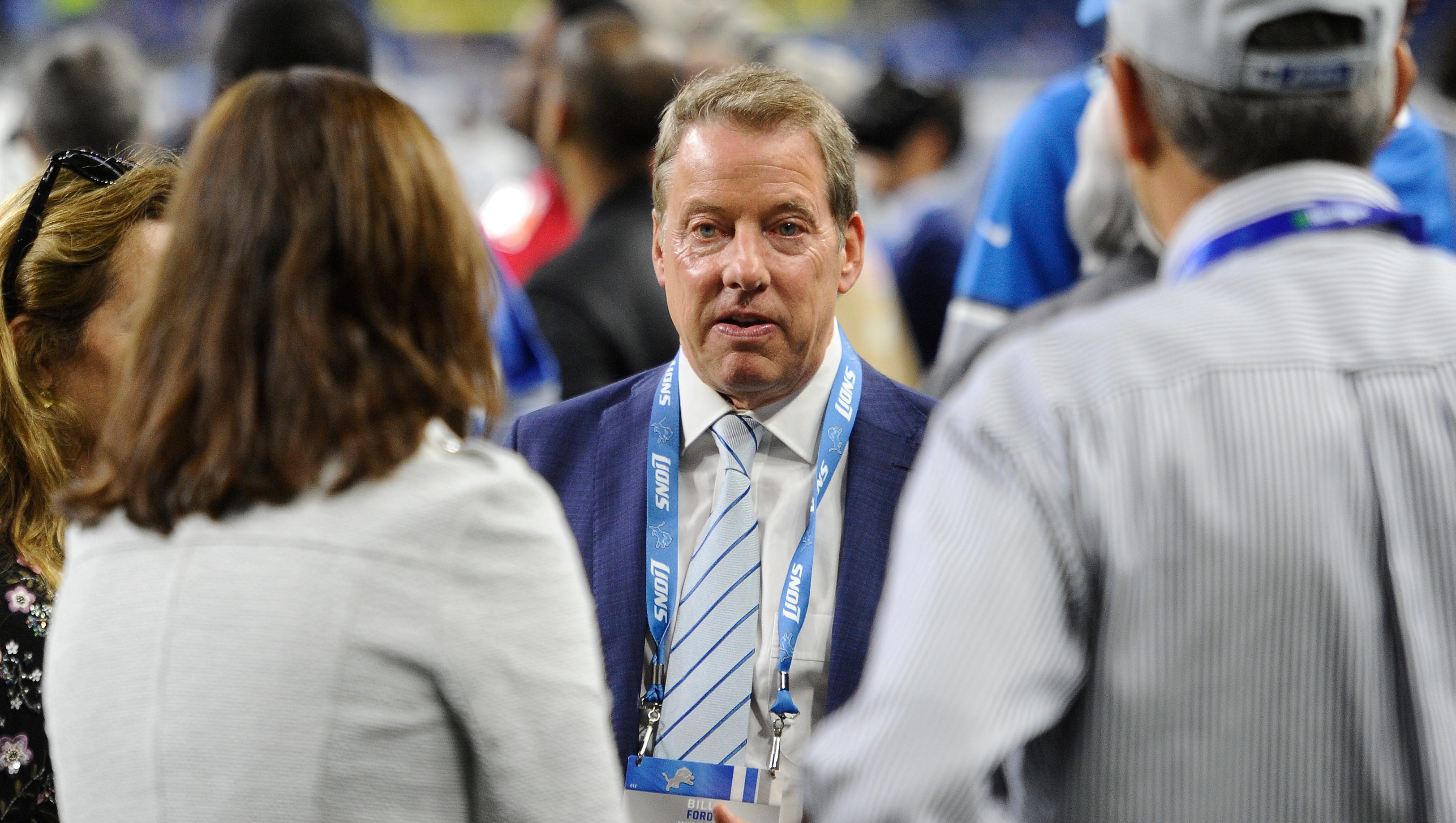 Bill Ford Jr. makes a rare appearance on the field at Ford Field before the Detroit Lions take on the Los Angeles Rams.