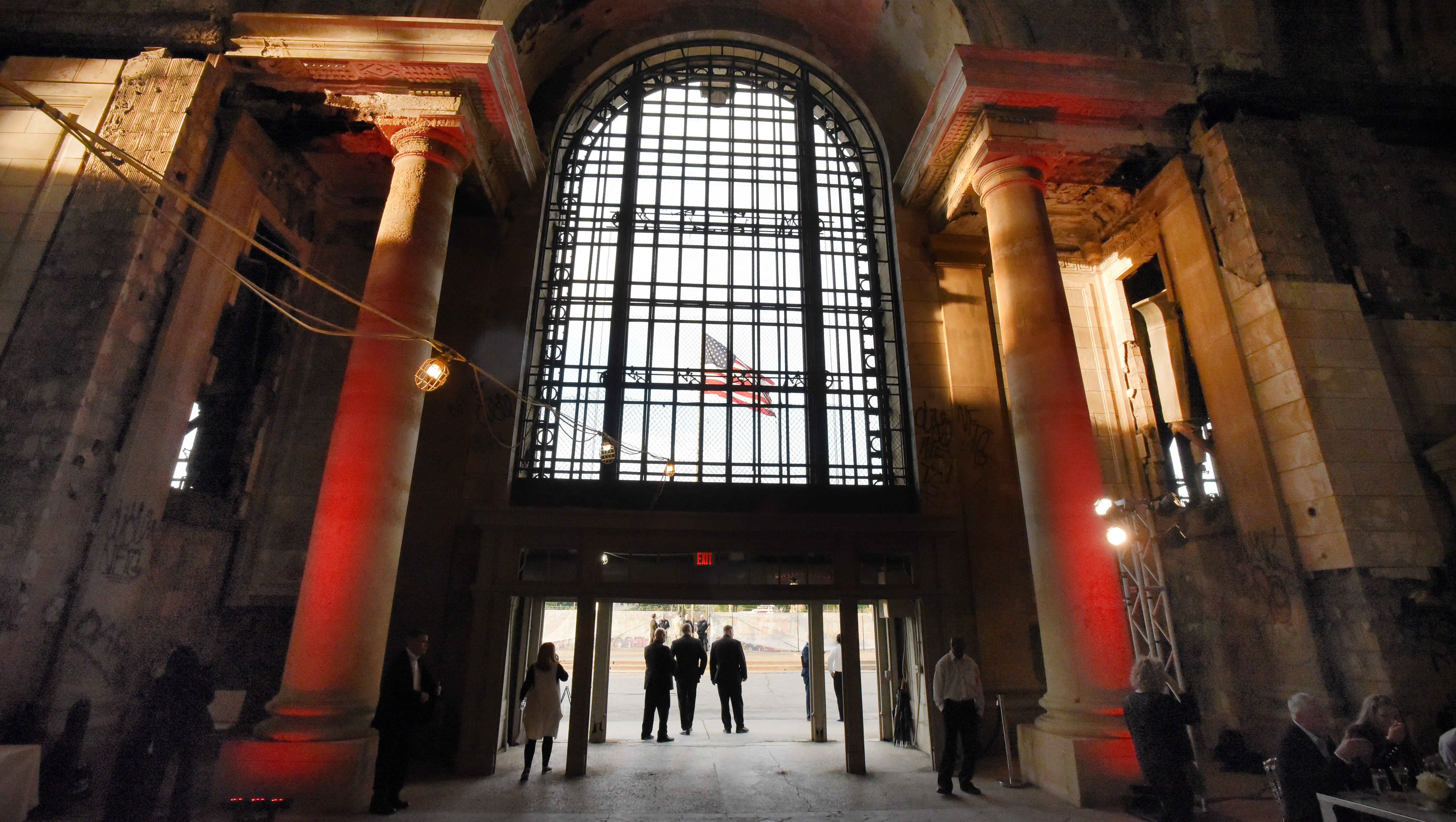The American flag is seen through the front entrance during the Detroit Homecoming Ceremony at Michigan Central Depot in Detroit, Michigan back in September, 2017. (file photo)