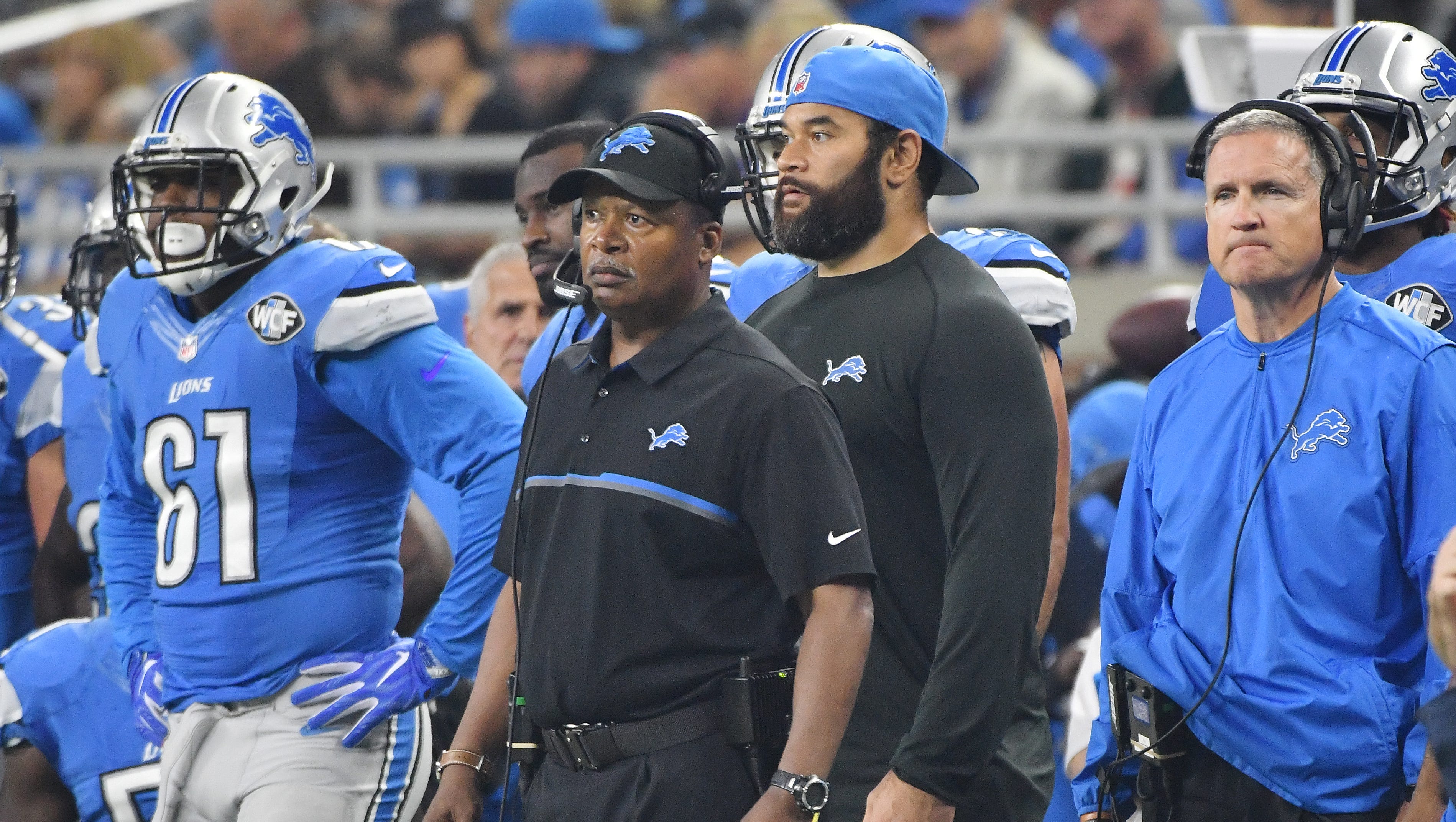 Lions head coach Jim Caldwell on the sidelines with injured defensive tackle Haloti Ngata in the first quarter.