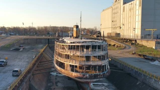 The SS Columbia sits in dry dock in Toledo. The boat is ultimately bound for the Hudson River in New York to carry passengers several years from now.
