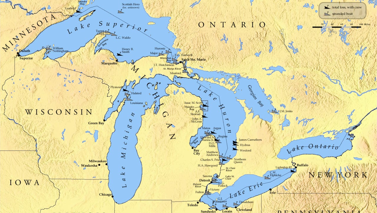 A map locates shipwrecks in four of the Great Lakes during the 1913 storm. In addition to the12 that were sunk,  19 others were stranded or washed ashore. Two major storm fronts converged, fueled by the lakes' relatively warm waters to produce a November gale, with gusts up to 90 mph, 35-foot waves and snow squalls.