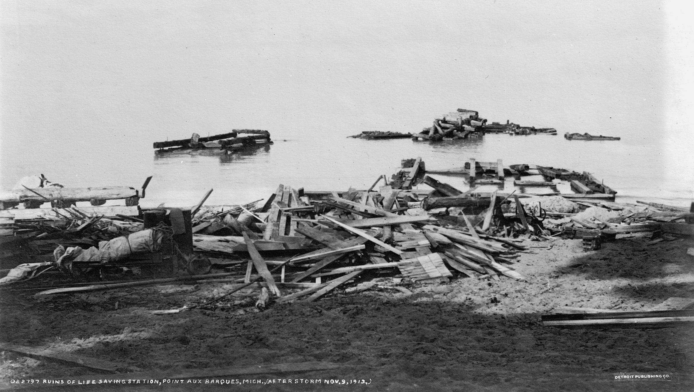The ruins of a life-saving station in Point aux Barques, at the tip of Michigan's thumb, are seen after the storm hit on Nov. 9, 1913.