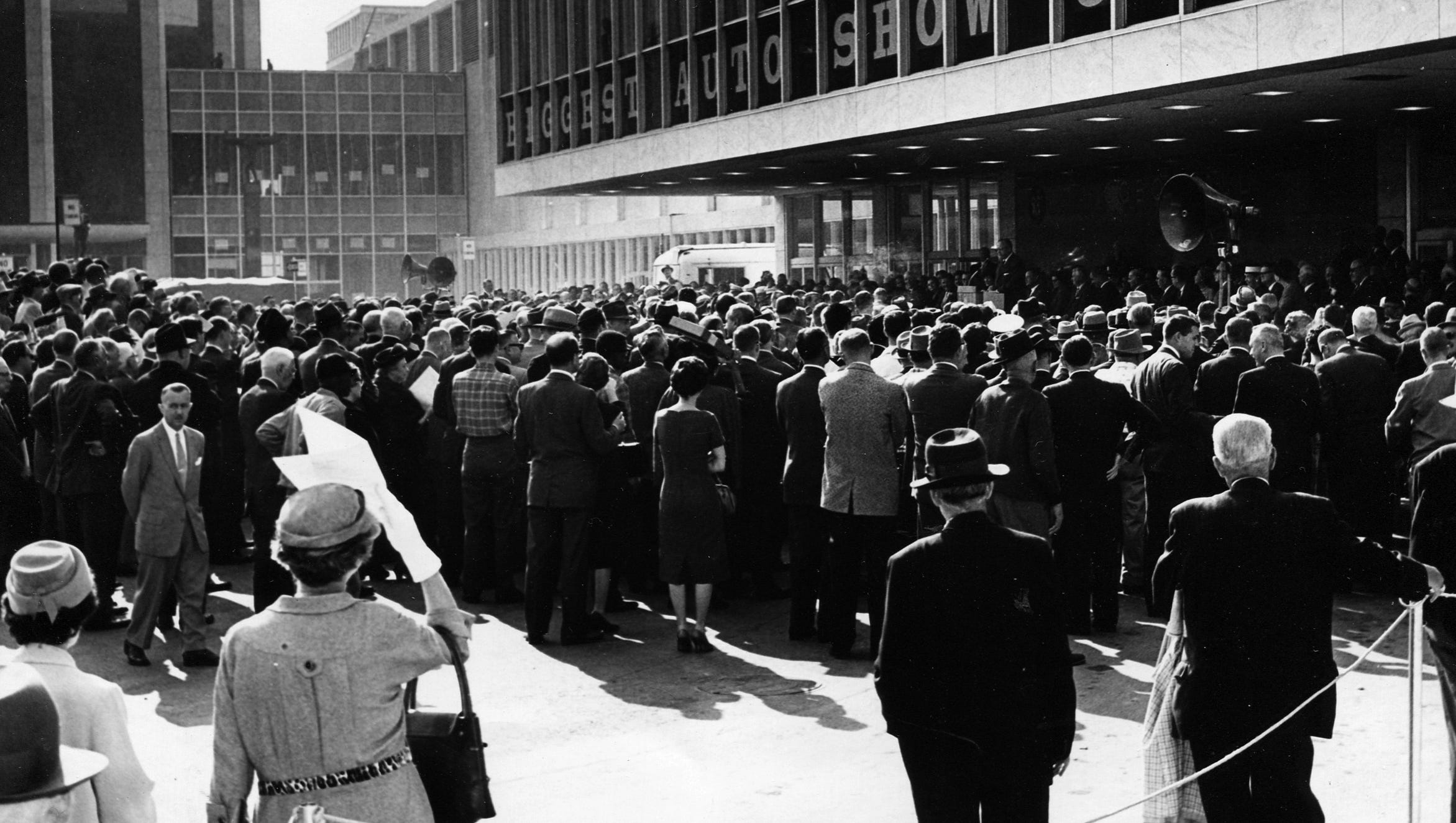 Crowds gather for a public dedication on Oct. 20, 1960. The 12,000-seat Cobo Arena, left, attached to the Cobo Center and has been the scene of countless concerts, sporting events, graduation ceremonies and political rallies during its lifetime.