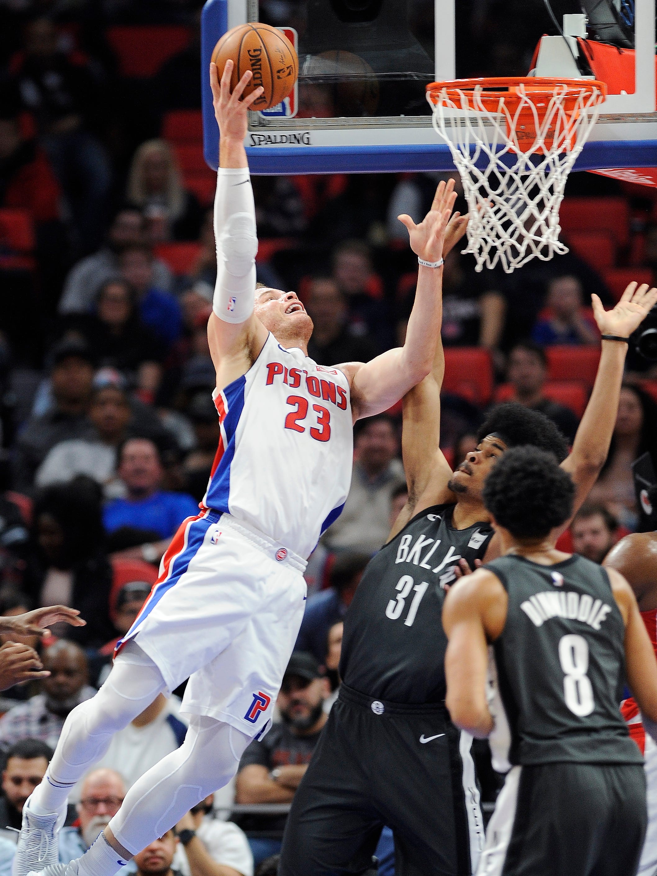 Pistons' Blake Griffin scores over the Nets' Jarrett Allen in the second quarter.