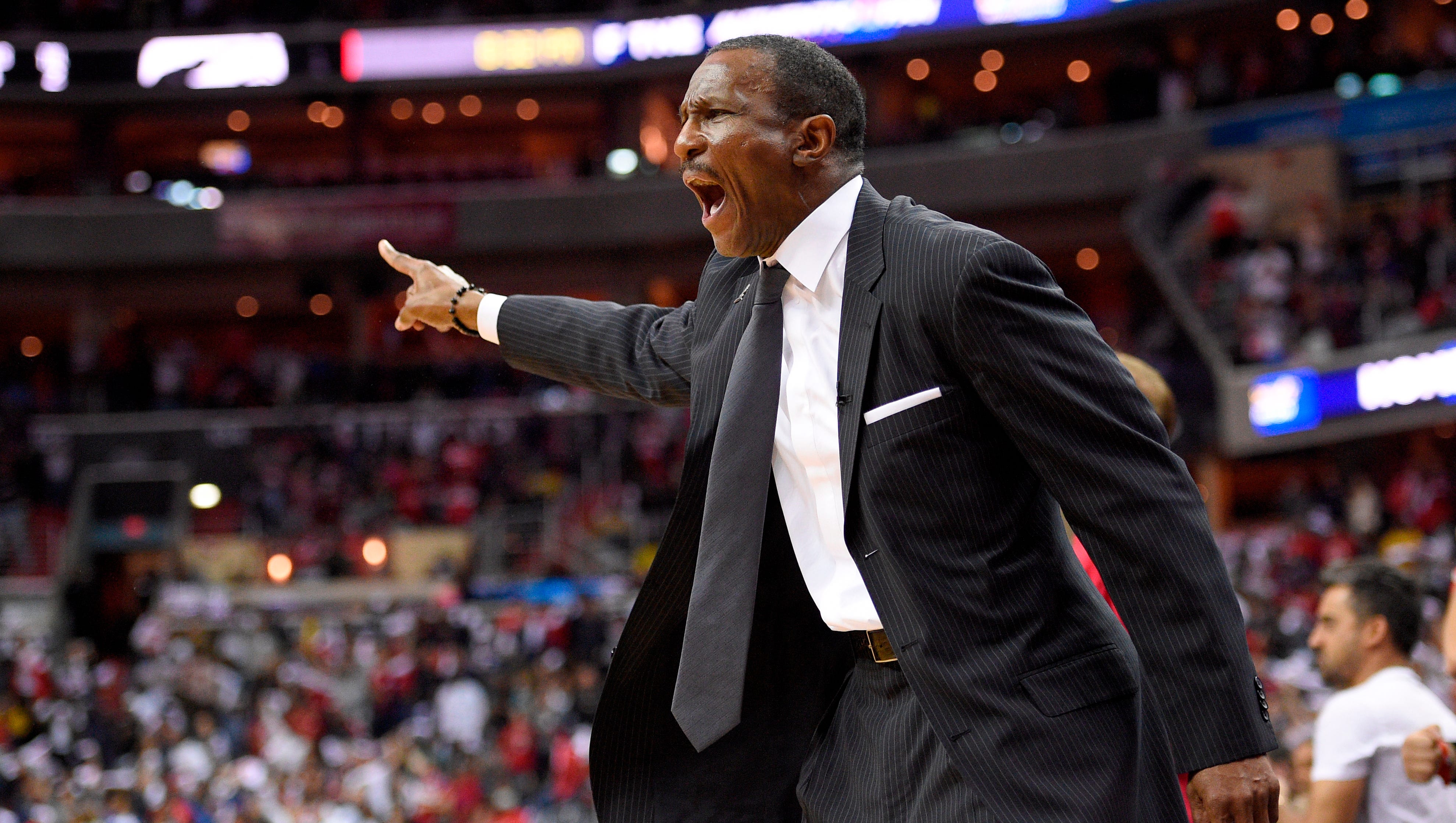Toronto Raptors head coach Dwane Casey reacts during the second half of Game 4 of an NBA basketball first-round playoff series against the Washington Wizards, Sunday, April 22, 2018, in Washington. The Wizards won 106-98.