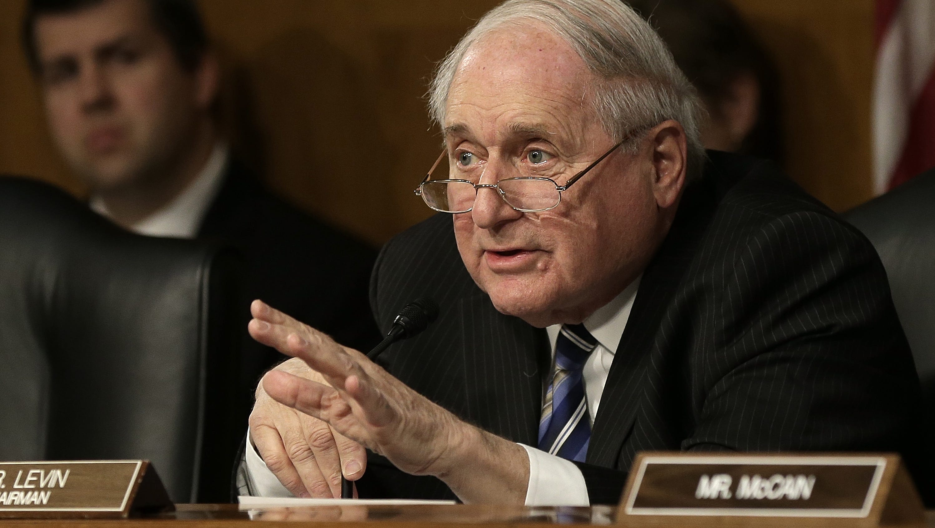 Sen. Carl Levin questions a witness during a hearing of the Permanent Subcommittee on Investigations of the Senate Homeland Security and Governmental Affairs Committee Nov. 20, 2014.