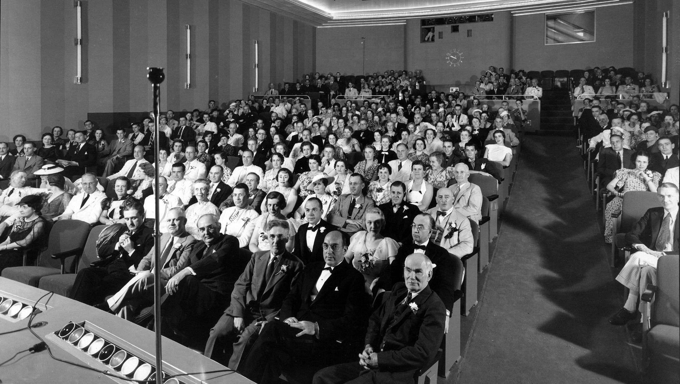 An opening-night crowd fills the 320-seat auditorium at WWJ.  Public curiosity about the new studio building was high.  Approximately 140,000 people visited in its first year.