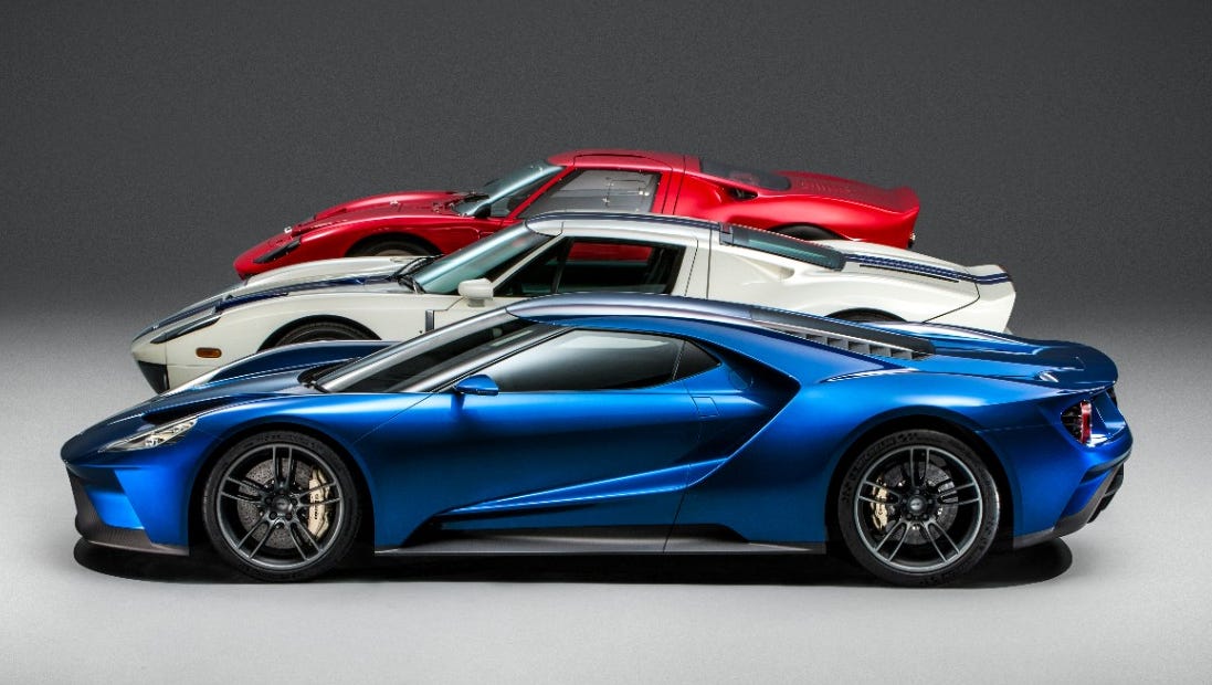 The all-new Ford GT, front, along with the 1966 Ford GT40, back,  and the second-generation Ford GT Number One, middle.